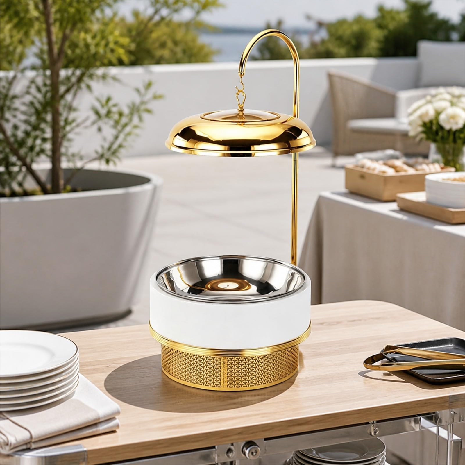 Chafing Dish Colgante Redondo 8 L Profesional Plato Caliente Colgante con Tapa Organizador Calientaplatos para Reuniones Caterizados, Oro
