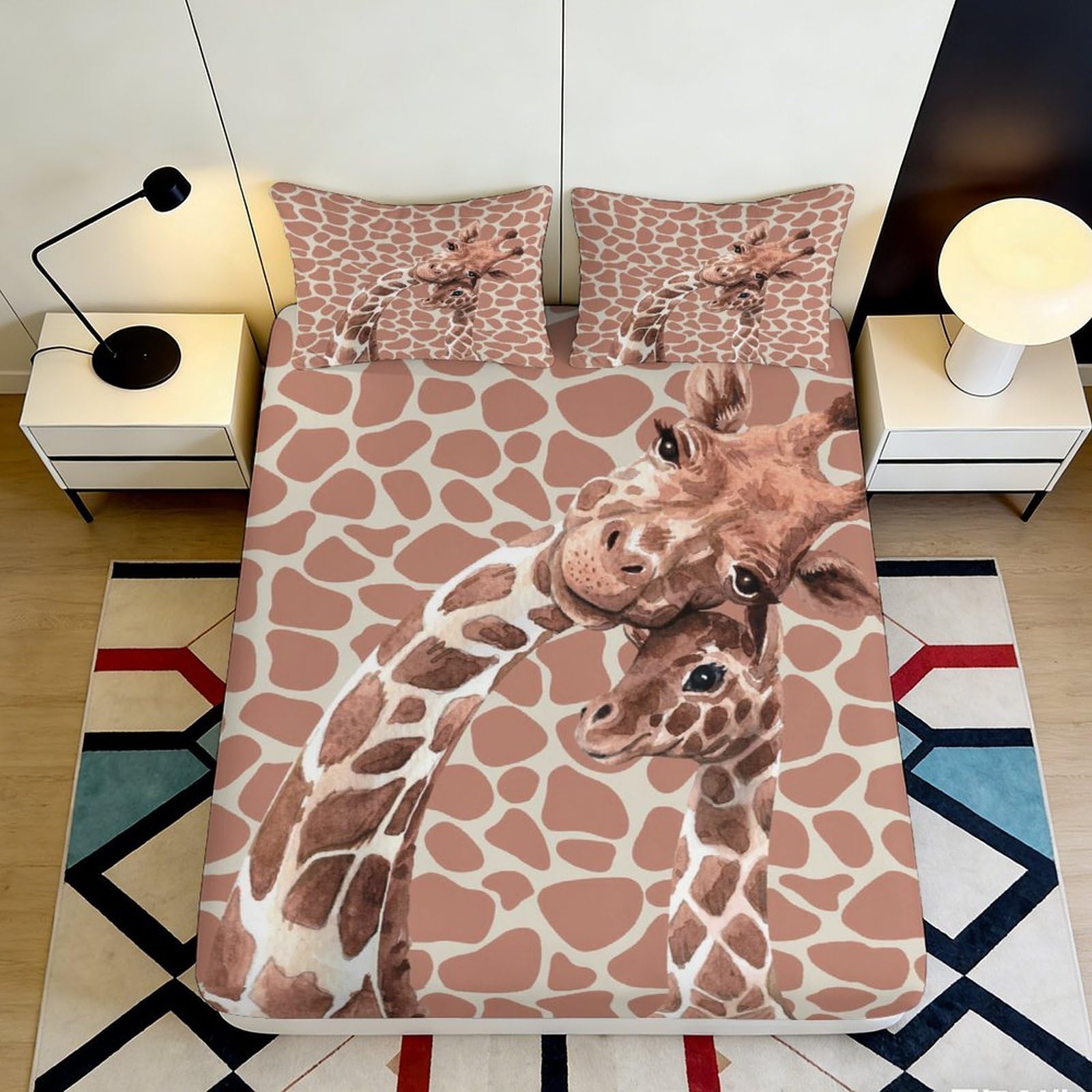 3D Printed Giraffe Family Fitted Sheet Microfiber Soft Brown Animal Pattern Mattress Cover for Bedroom Dorm Decor 160x200x25cm