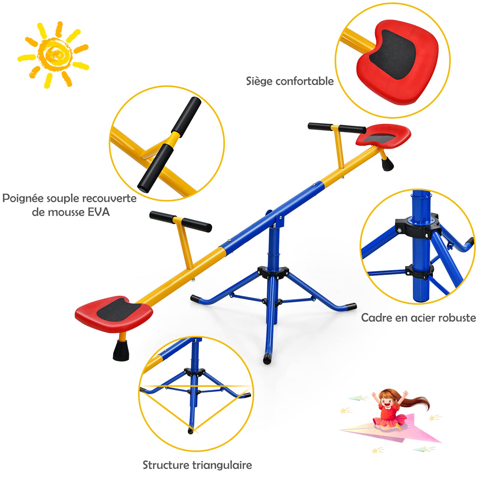 DREAMADE Balançoire à Bascule en Acier pour Enfants 3+ Ans, Trébuchet Rotative à 360° avec Poignées Antidérapantes et Assises, Base à Trois Griffes, Aire de Jeu pour Cour Maternelle