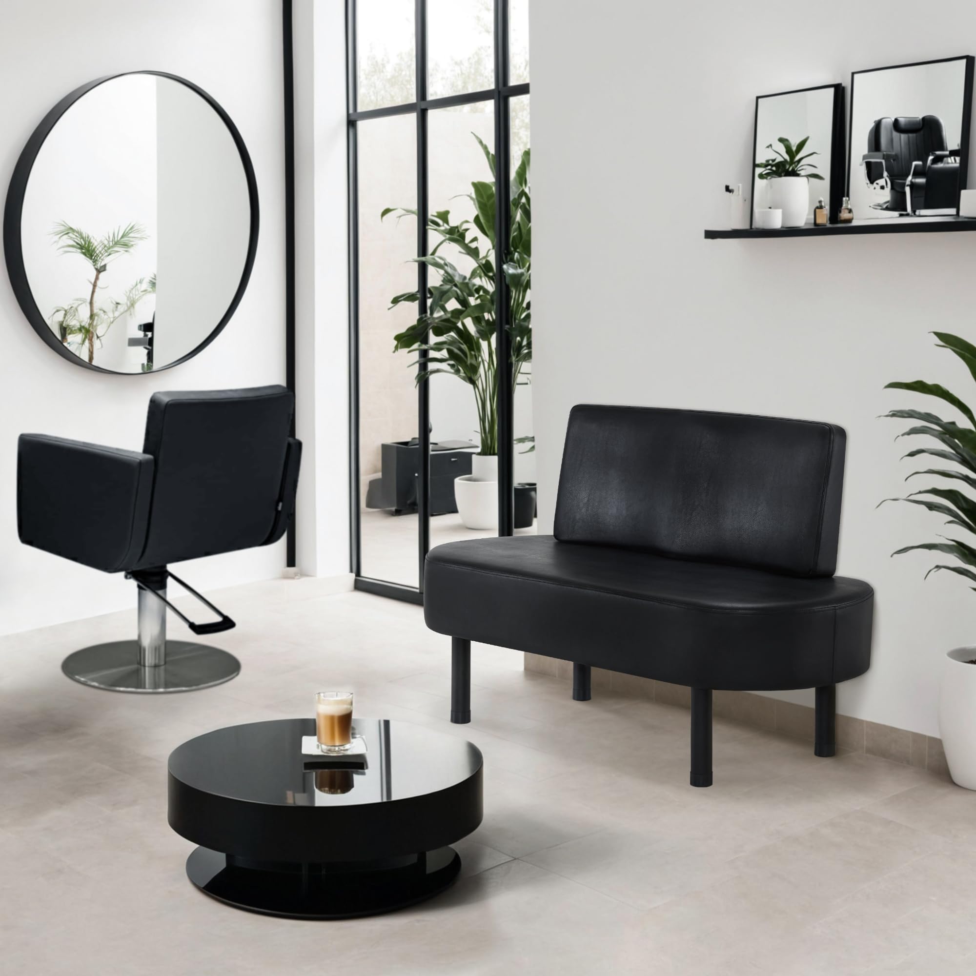 Barberpub con 3 posti e schienale, 130 cm, pancare per salone spa, imbottita con schienale, per soggiorno, arredamento per parrucchiere W517 (Nero/Finta Pelle)