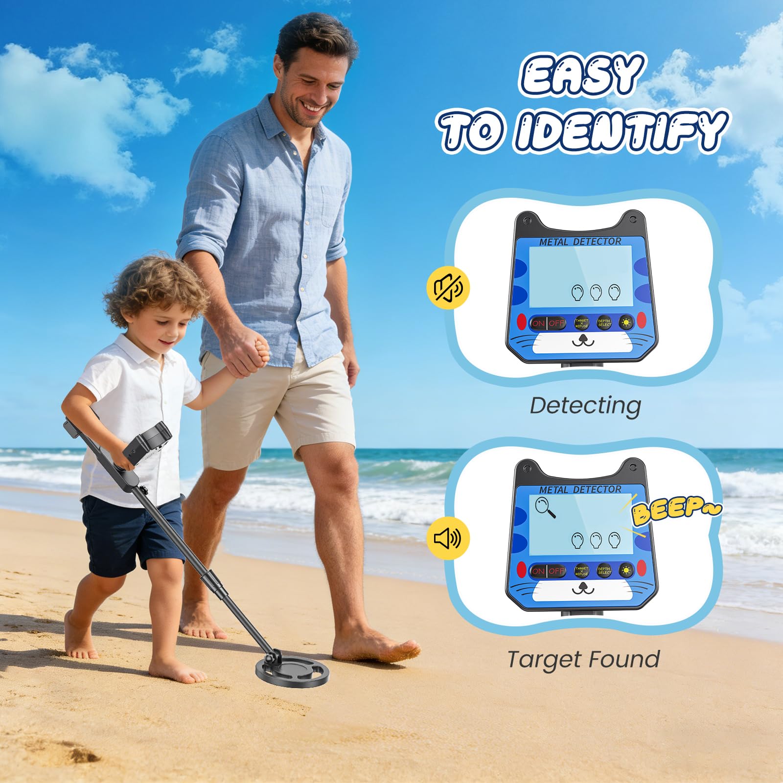 Detector de Metales Niño, Detector Ligero con Pantalla LCD e Indicación Sonora, IP68 Impermeable y Alta Sensibilidad, 2 Modos Kit de Caza del Tesoro para Niños Buscador de Oro (Azul)