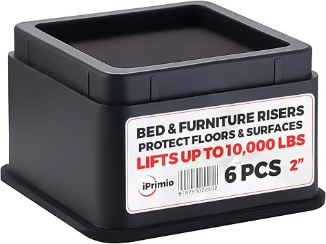 iPrimio Bed Risers 2 Inch - Square, 2 Inch Lift, Heavy Duty, 6 Pack, Up to 10000lbs - Bed Raising Blocks, Furniture Risers - Safe, Sturdy Bed Lifts for College Dorm Rooms, Couches, Tables, Desk Riser