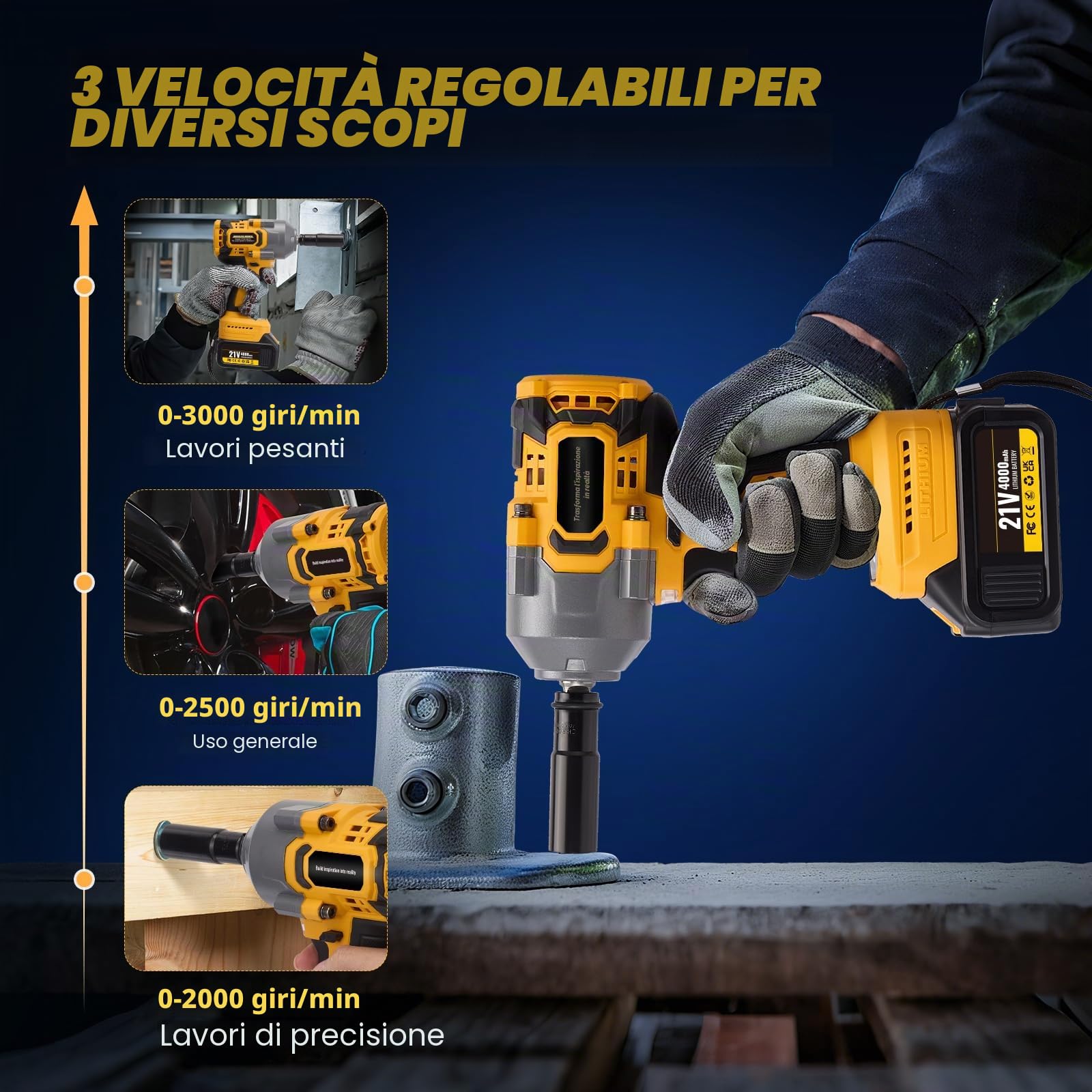 Avvitatore a Impulsi 1200NM 1/2'' 21V 3000RPM Chiave a Percussione ad Alta Coppia 2x 4.0Ah Batteria 3 Livelli di Velocità per Auto, DIY, Tosaerba