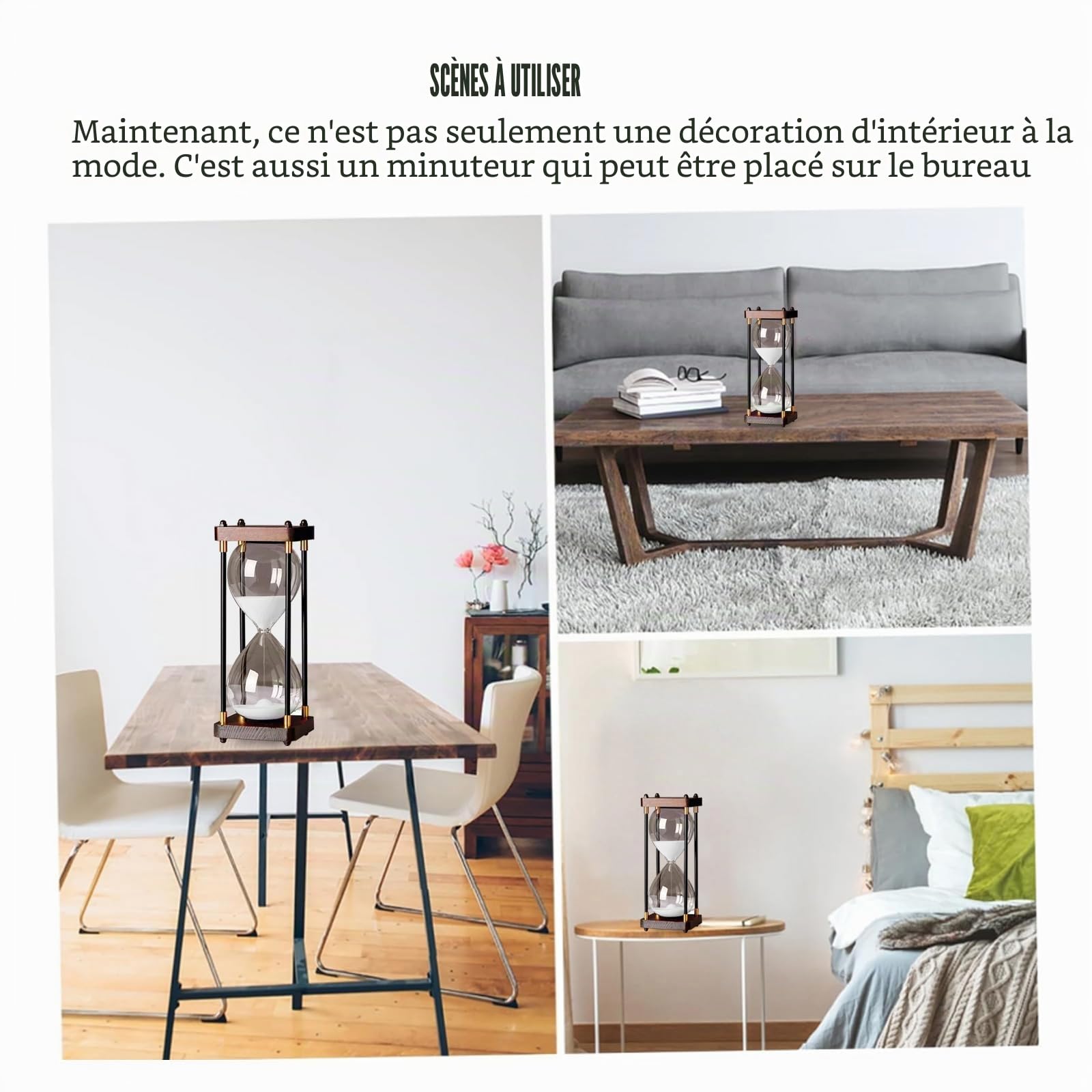 Grand sablier 60 minutes, sablier en bois, décoration en verre arc-en-ciel, cadeau pour la maison, le bureau, la décoration de mariage (blanc)