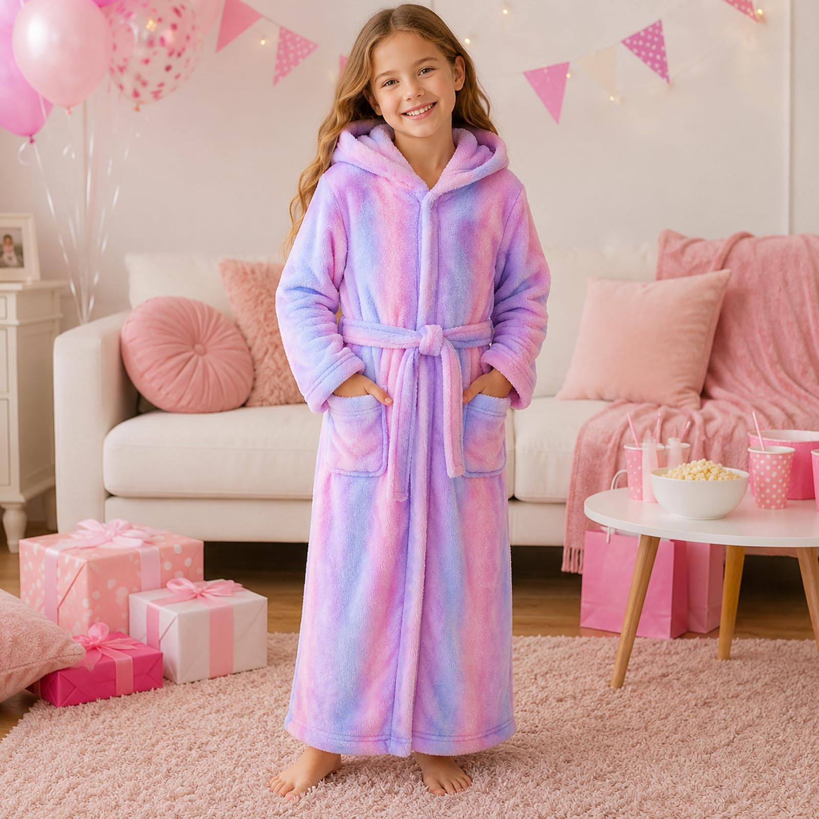 ACTLATI Plüsch-Bademantel mit Kapuze für Mädchen, volle Länge, weicher Fleece-Bademantel mit Gürtel und Taschen, langer Kindermantel für Mädchen im Alter von 3–13 Jahren