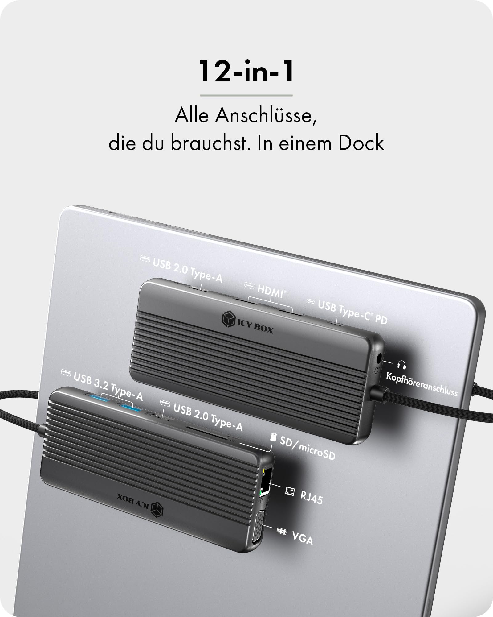 ICY BOX 12-in-1 USB-C Docking Station, Triple Display Dock mit 2X HDMI 4K, VGA, 100W Power Delivery, Gigabit LAN, SD/microSD Kartenleser, USB 3.2 Gen 1, Heart Dock 4062, IB-DK4062-CPD