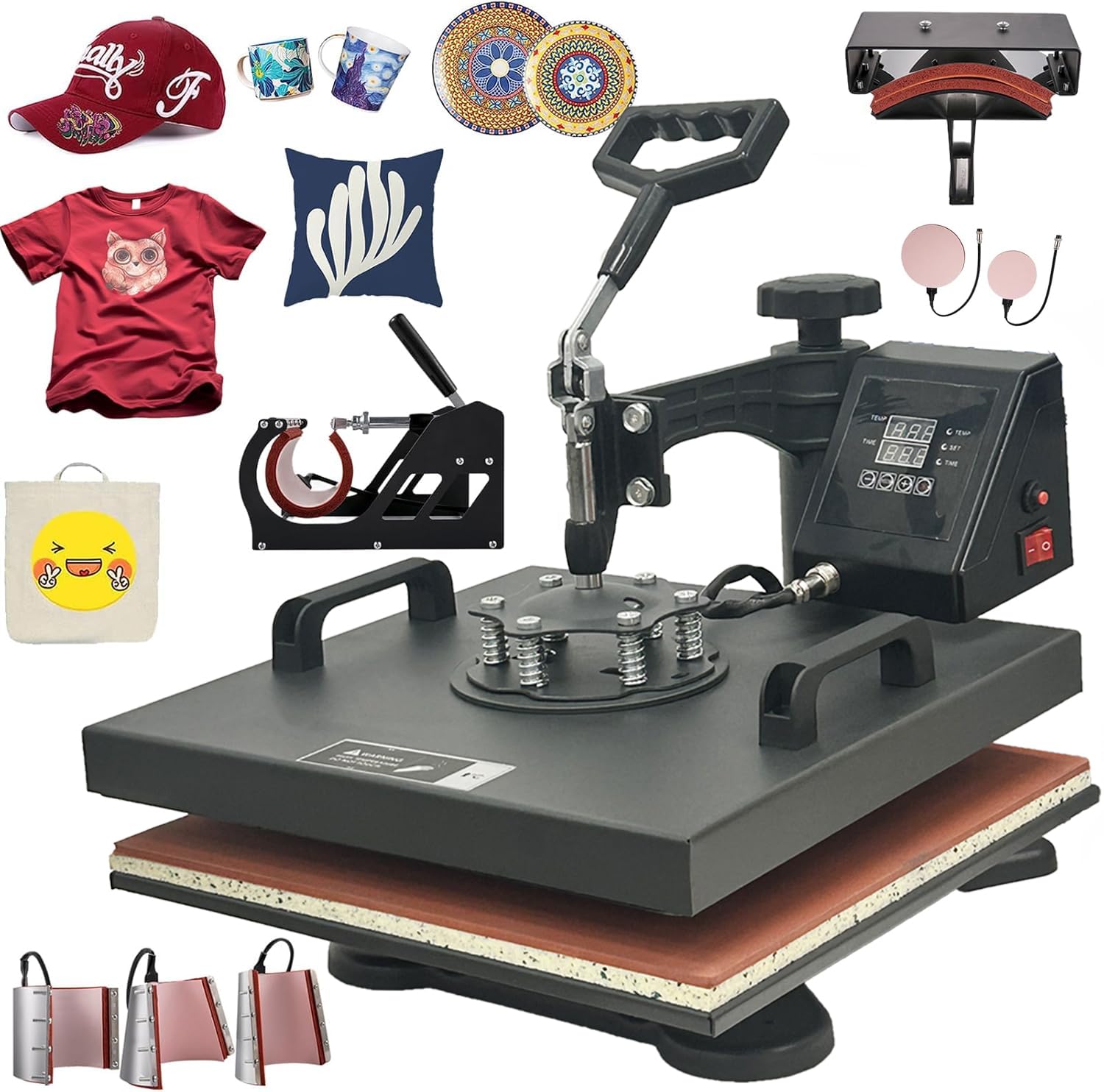 Pressa a Caldo 38x38cm Pressa di Calore 8 in 1 Macchina Sublimazione Pressa per Stampa Magliette Trasferimento Multifunzione a 360 Gradi per T-Shirt Tappo Tazza