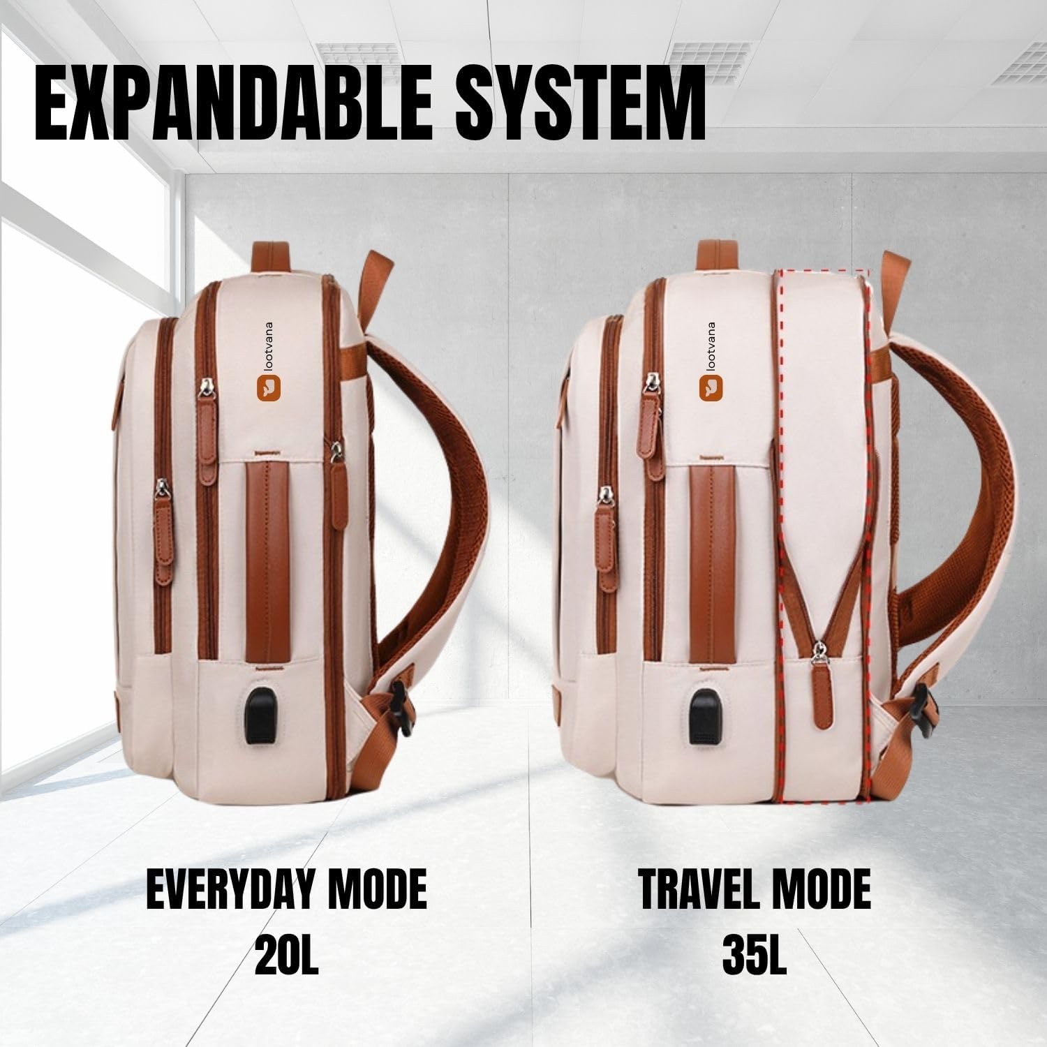 Travel Laptop Backpack – Expandable Carry-on, USB Charging Port, TSA 15.6” Laptop, Executive & College Backpack for Women & Men, Cream - Image 2