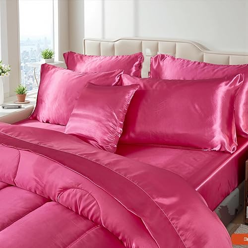 Miniatura 4 de Bedding_Dreamer Juego de edredón de satén con juego de sábanas, cama Queen de color rosa intenso similar a la seda, ropa de cama en una bolsa, 8