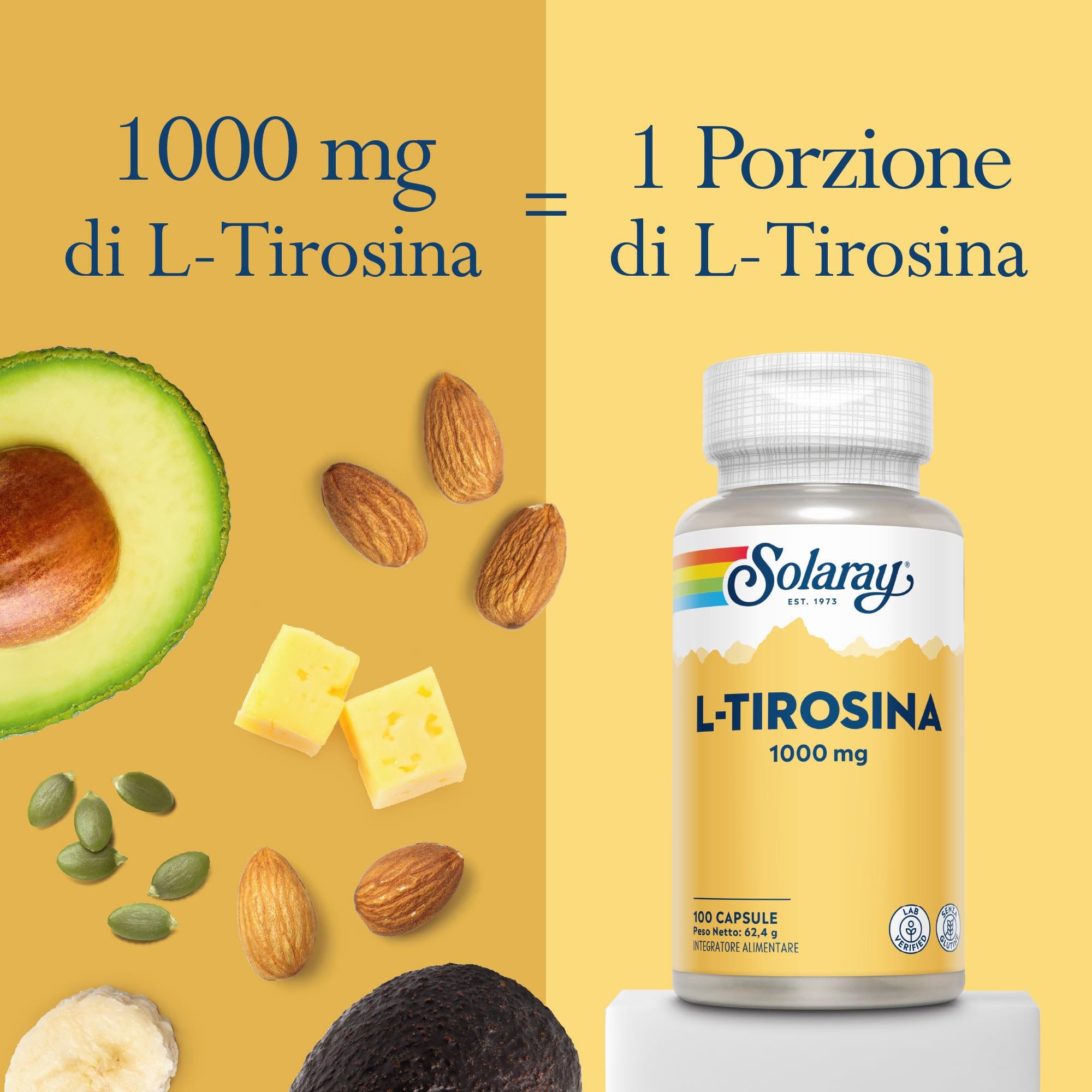 Solaray L-Tirosina 1000mg - 100 Capsule - 500mg di L Tirosina per Capsula - Integratore di Aminoacidi Essenziali - Testata in Laboratorio