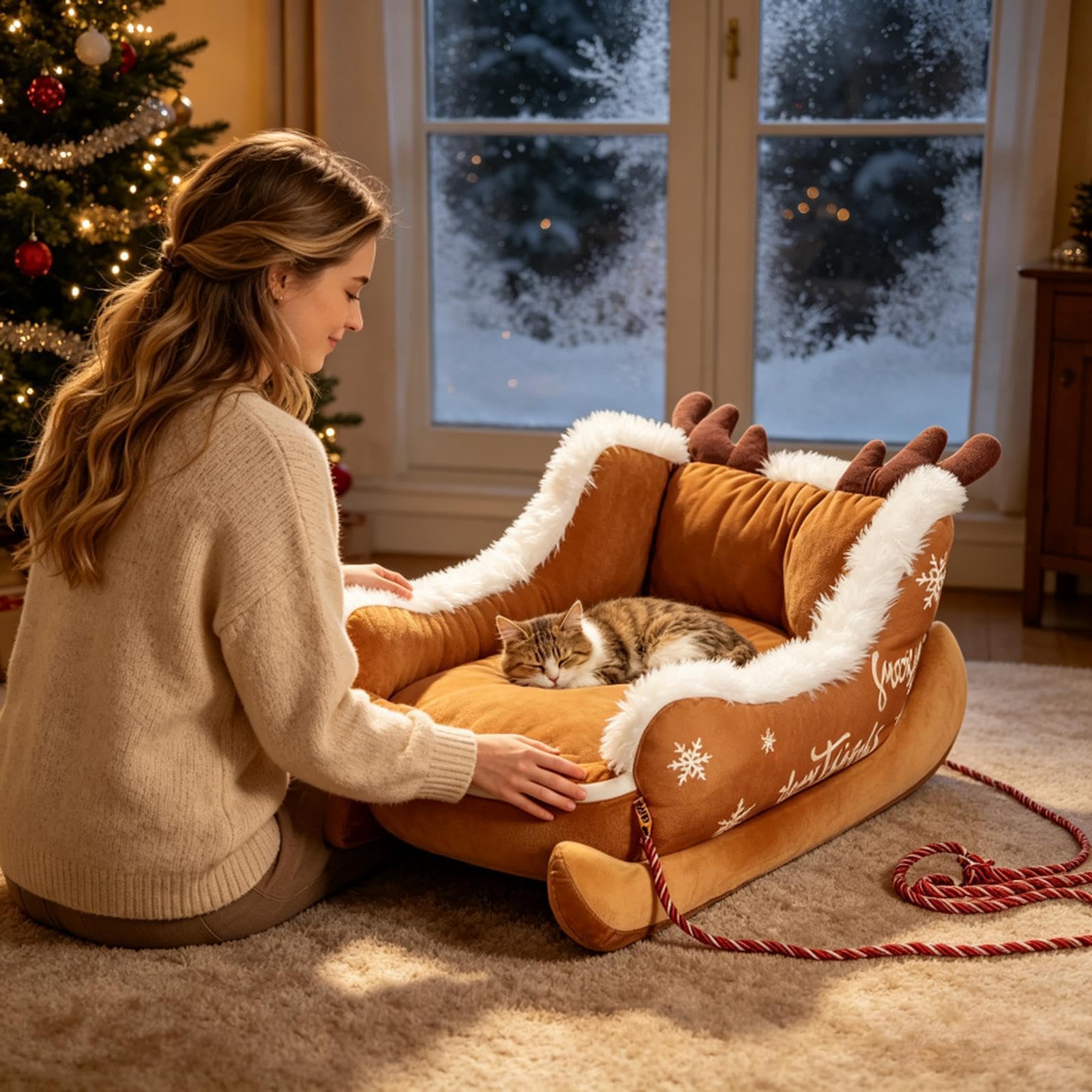 Cama de trineo de Navidad para gatos, antideslizante, cálida, suave