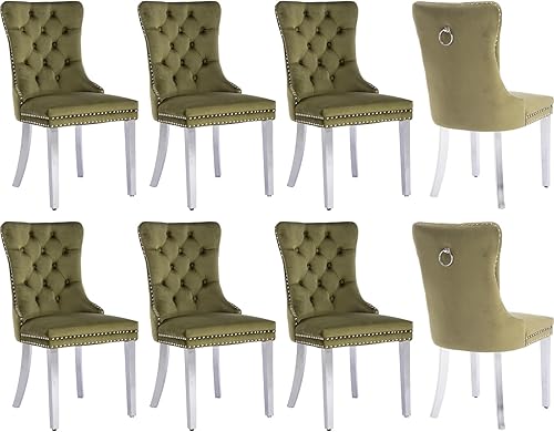 Miniatura 49 de Juego de 6 sillas de comedor de terciopelo, sillas tapizadas con respaldo alto capitoné con ribete de cabeza de clavo y anillo de tracción, patas de