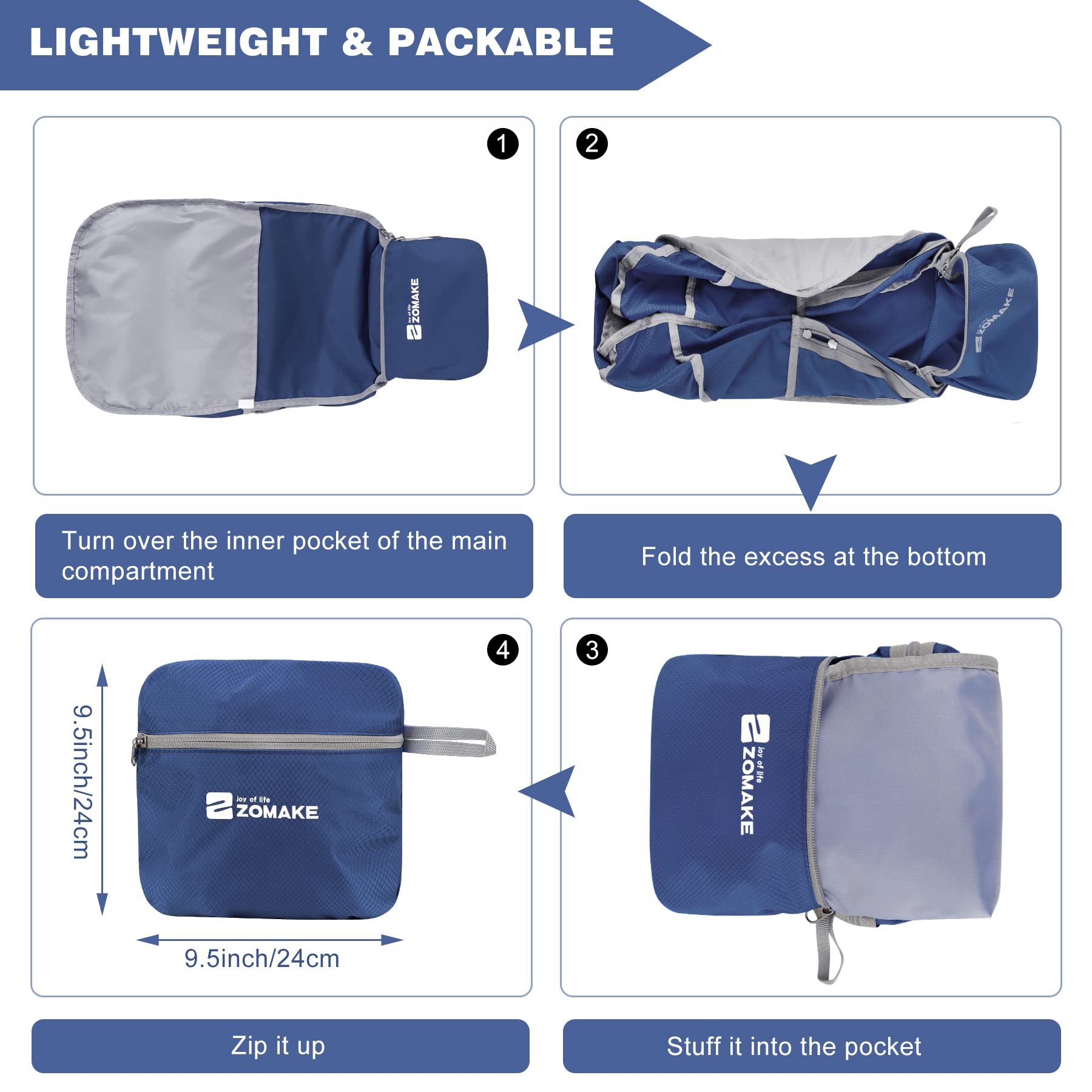 ZOMAKE Zaino da Trekking Leggero da 40L,Pieghevole,Impermeabile da Viaggio per Uomini E Donne (Blu Navy-PL)