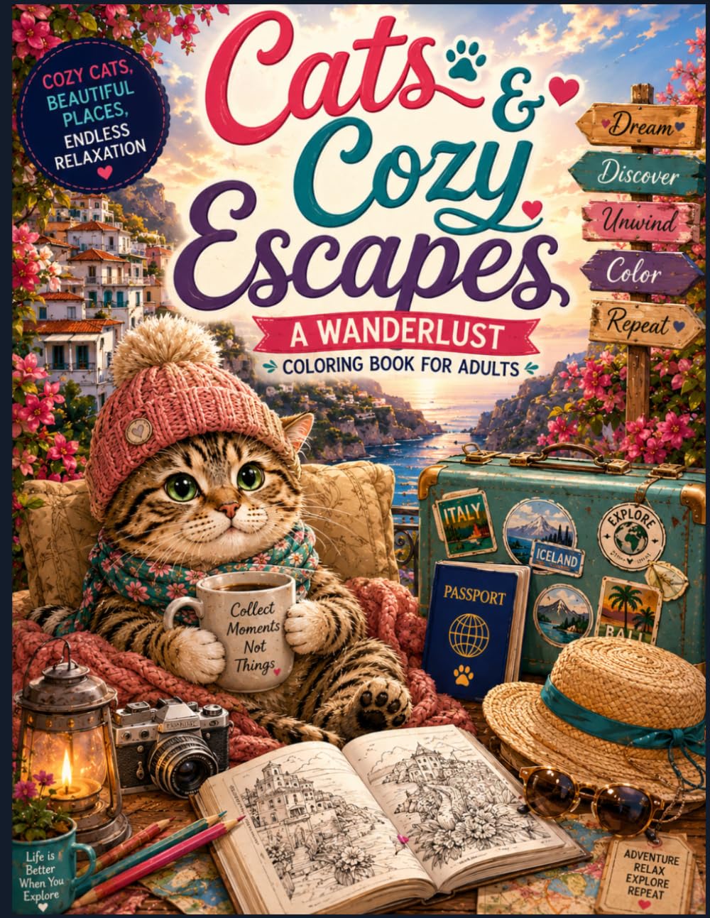Cats & Cozy Escapes: A Wanderlust Coloring Book for Adults