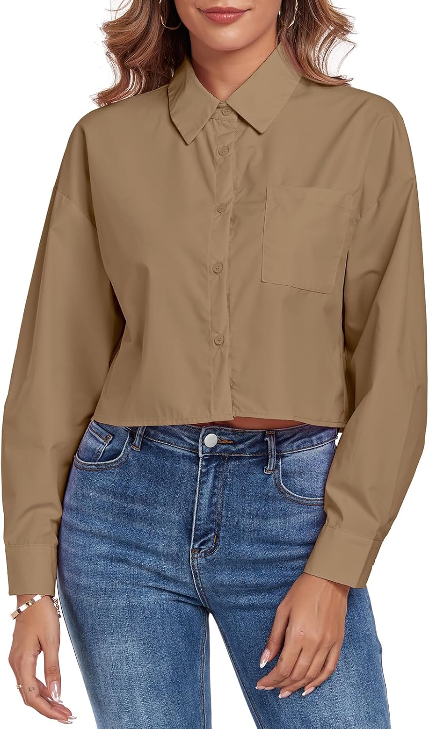 Women's Button Down Shirt Cropped Oversize Boyfriend Long Sleeve Collared Crop Loose Blouses with Pocket - Image 3