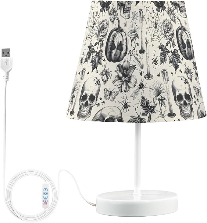 ALAZA Sugar Skull Pumpkin Flower Decor Bedside Table Lamp with USB Port 3 Color Temperatures LED Desk Lamp for Bedroom Office M