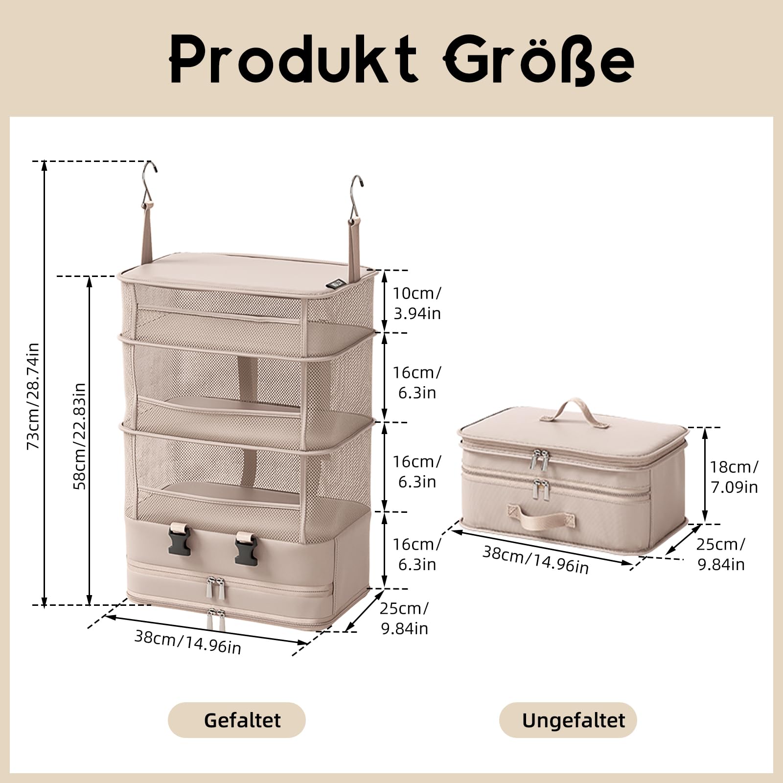 ACESOME Compression Koffer Organizer, 5 Schichten, Polyester, Beige-Pink, mit Haken und Reißverschluss, Camping Organizer Hängend, Faltbar Regal Handgepäck, Großes Fassungsvermögen