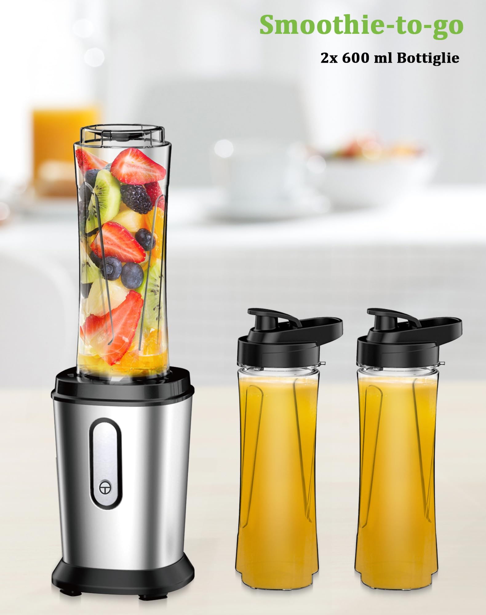 Frullatore, 500W Mini Portatile Frullatore Smoothie con 2 Bottiglie Portatili 600ml, Frullatore Tritatutto Multifunzione per Gelato, Frutta, Verdura (Argento E Nero)
