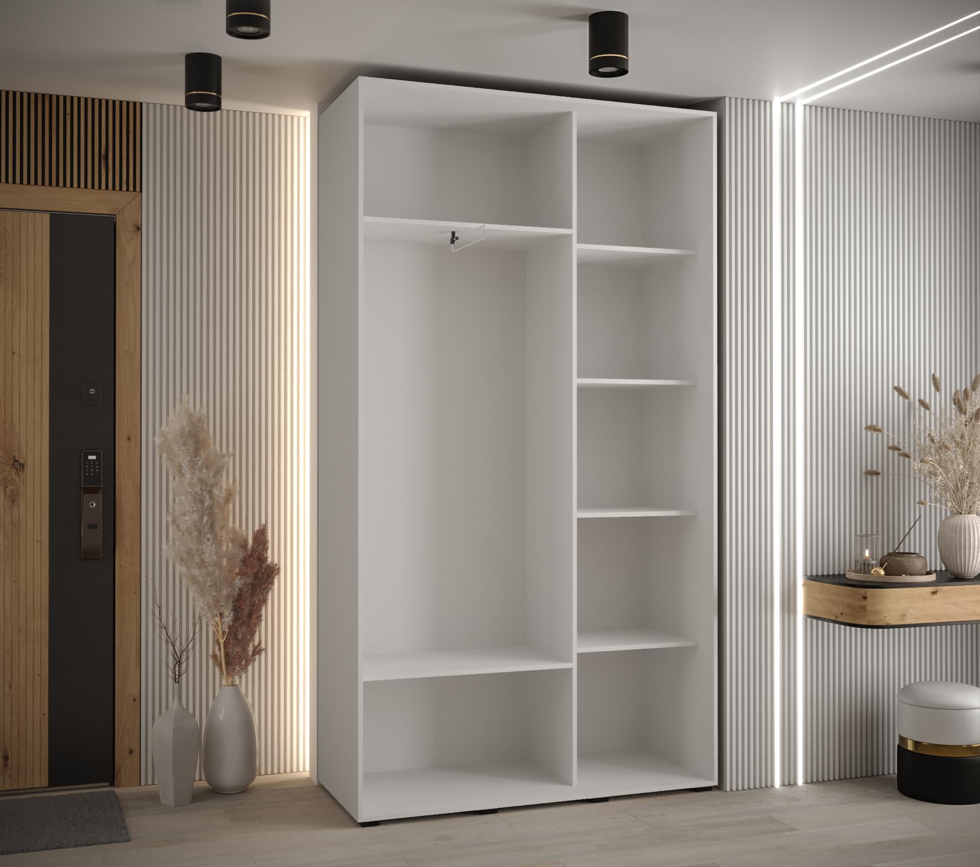 Armadietto moderno a 2 ante con specchio scorrevole, elegante design artigianale nero, per camera da letto e soggiorno, spazioso contenitore con asta, 235,2 x 140 x 45 cm