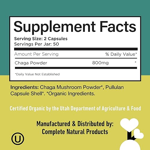 Miniatura 6 de Complete Natural Products Cápsulas orgánicas de hongos Chaga - 100 unidades, poder antioxidante orgánico, refuerzo inmunológico, apoyo intestinal,