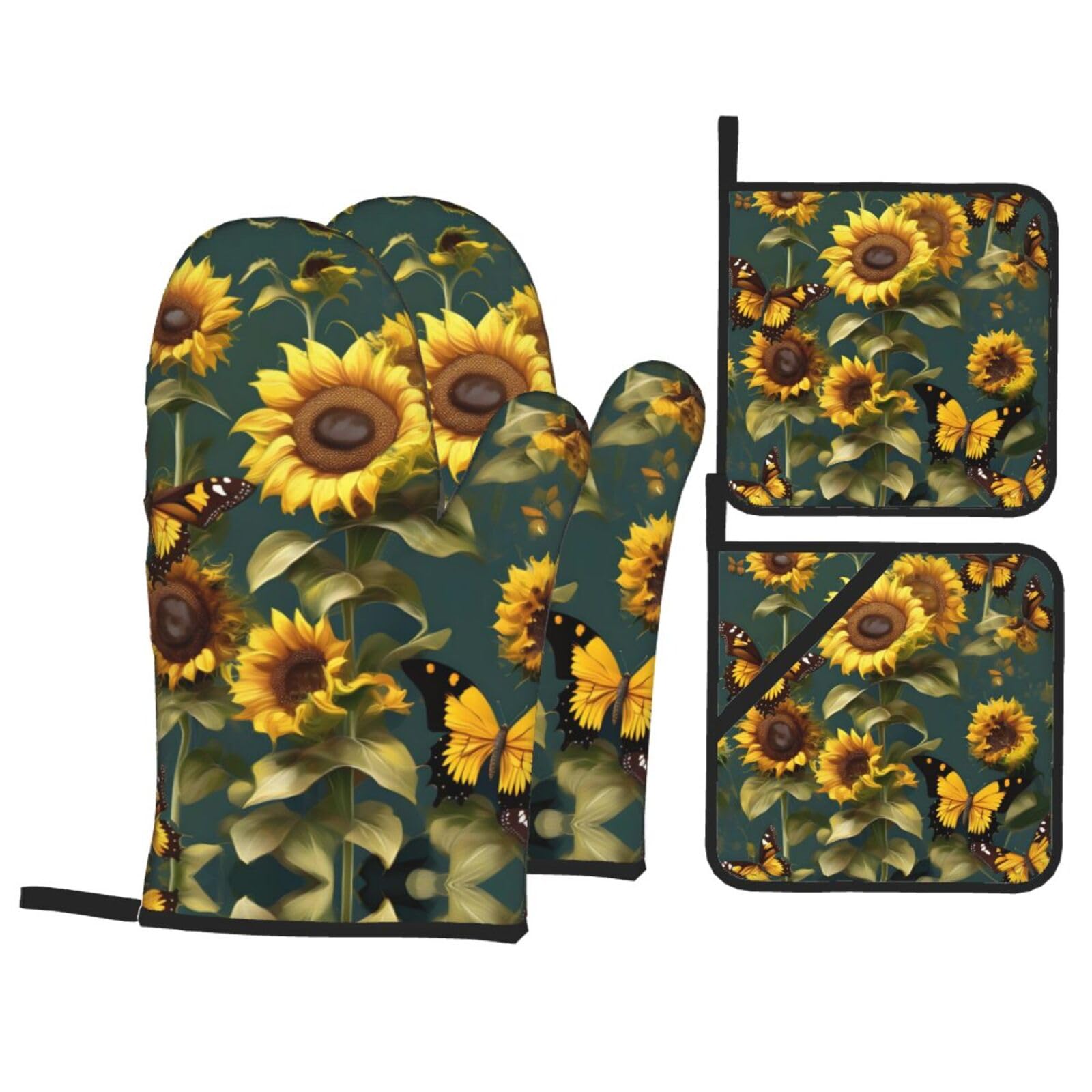 Sunflower Floral Butterflies Print Oven Mitts,Pot Holders, Heat Resistant Oven Mitts Gloves,Hot Pads for Kitchen Cooking Grill