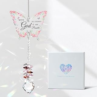 Christian Gifts for Women, Religious Gifts for Women, Pink Butterfly Gifts for Women, Birthday Inspirational Christian Gifts for Mom Friends Sisters, Hanging Butterfly Crystal Suncatcher Ornament