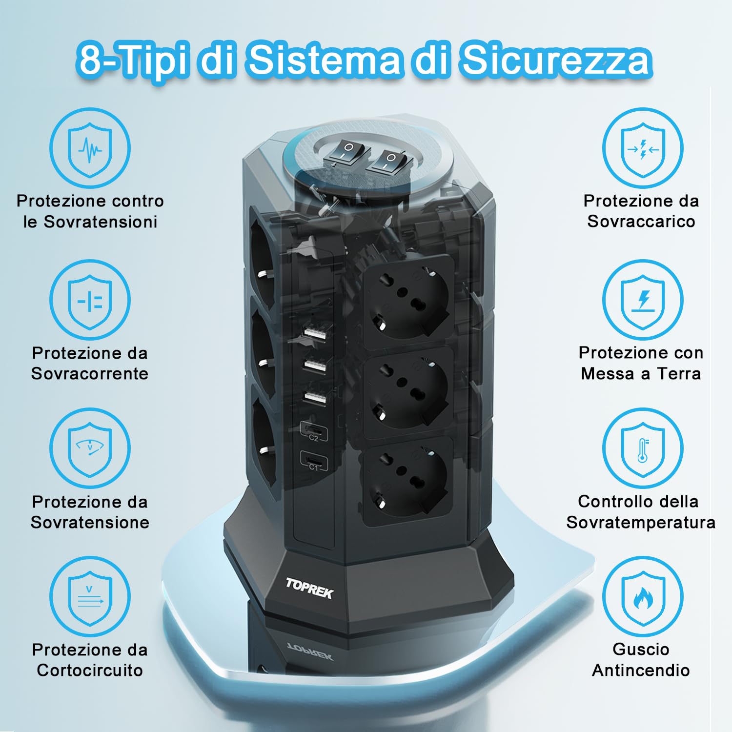TOPREK Ciabatta Multipresa Verticale con 12 Prese Universali ITA 10/16A e Schuko e 2 USB C(20W PD3.0 Ricarica Rapida) e 3 USB A, Protezione Sovratensione, 4000W/16A, 2 Interruttore, 2M Cavo, Spina 16A