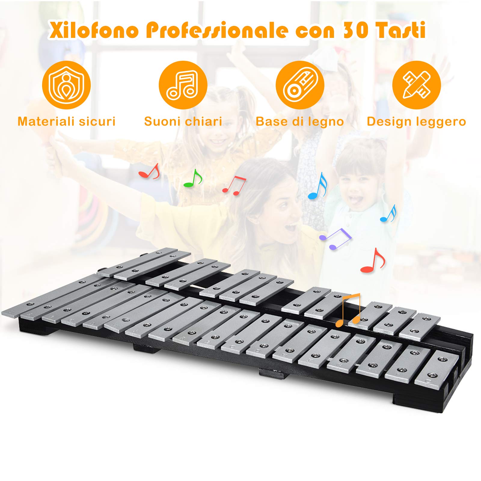 GOPLUS Xilofono con 30 Tasti, Metallofono Pieghevole con Borsa, Strumento Musicale a Percussione con Cornice di Legno, Perfetto per Studenti, Principiante e Amanti della Musica, Nero e Argento