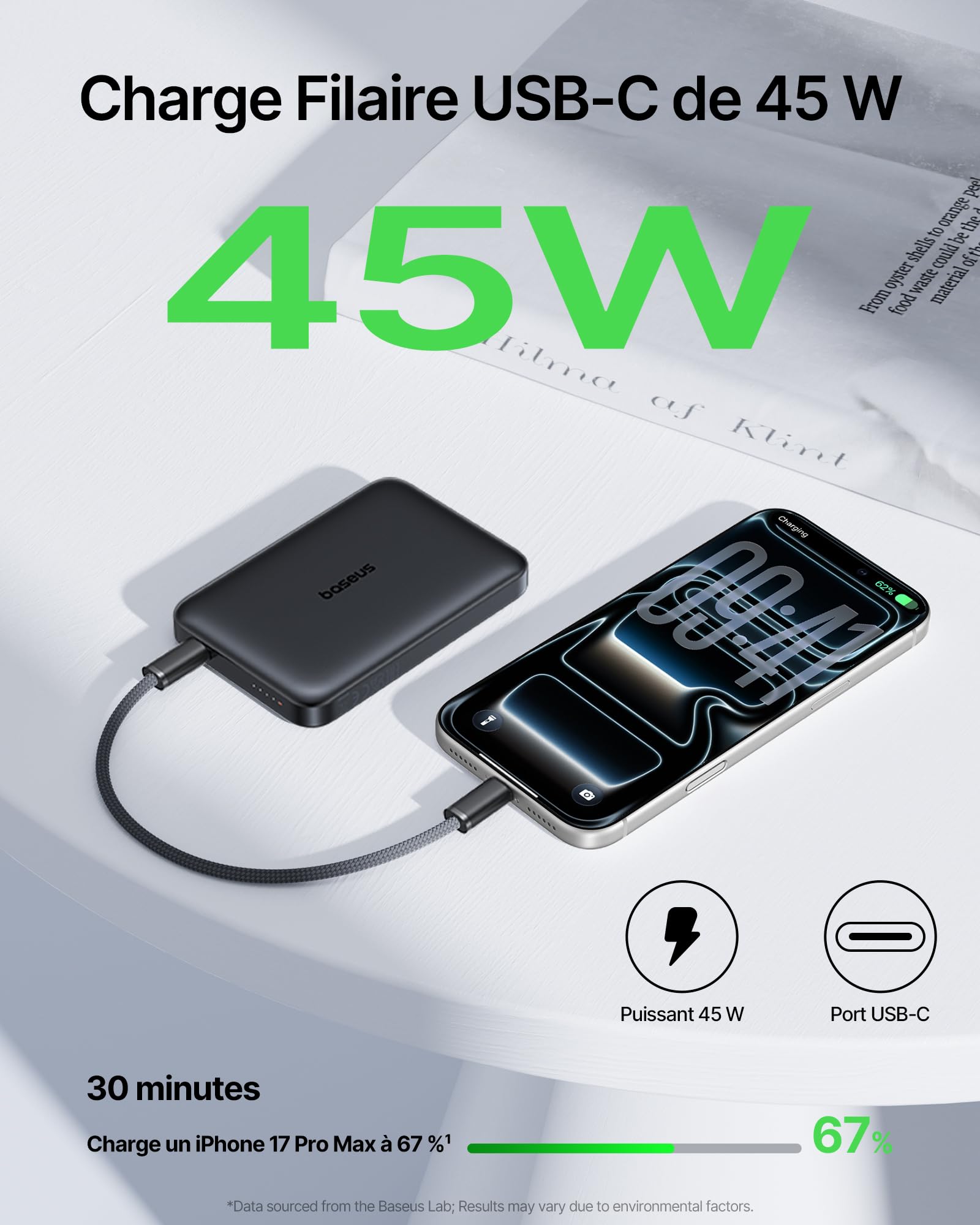 Baseus EnerFill FM21 Qi2.2 25W Magsafe Powerbank, Batterie Externe Magnétique 10000 mAh, PD USB C 45W Charge Rapide, Power Bank pour iPhone 17 16 15 Pro Max