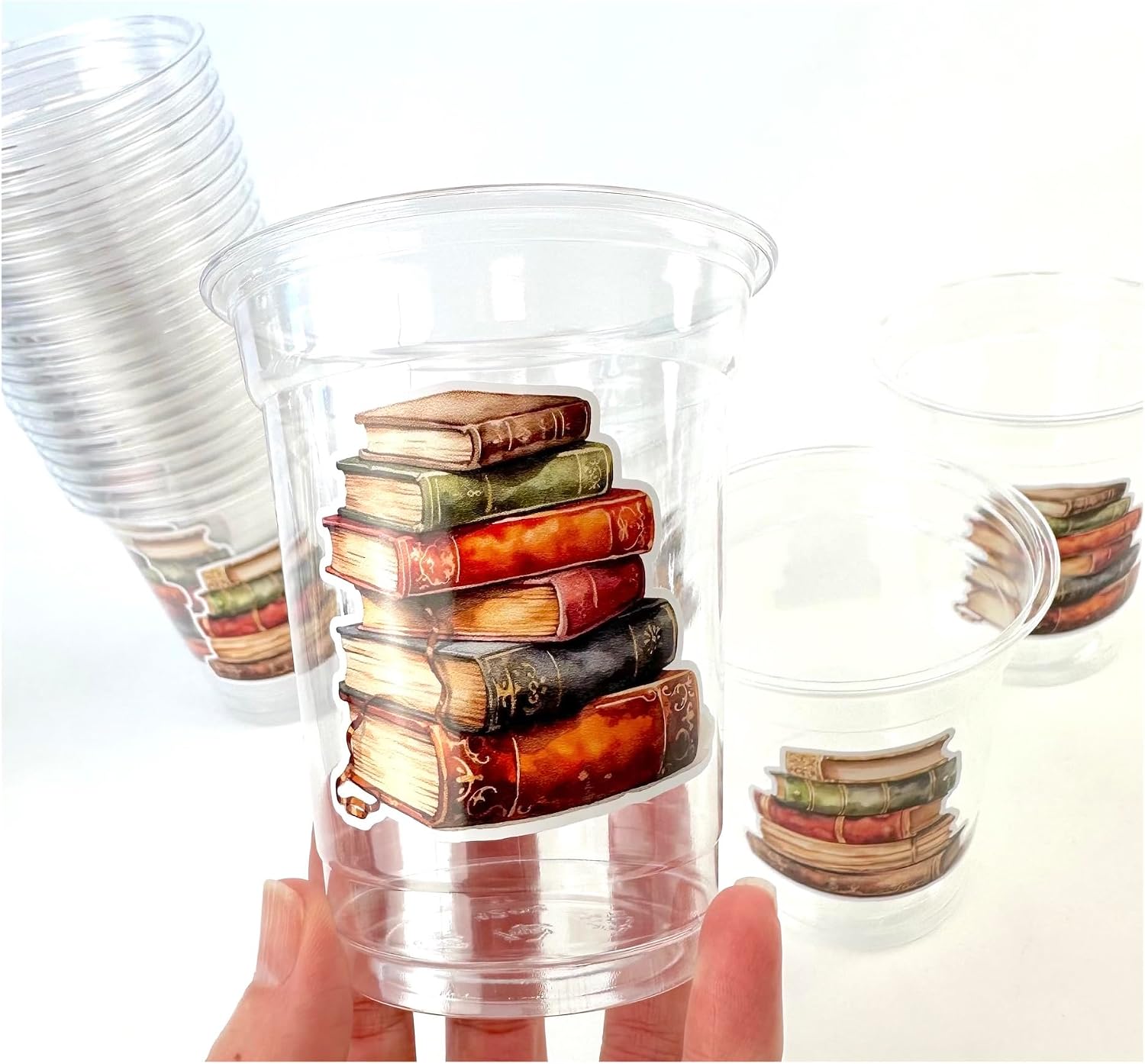 Book Themed Party Cups, 12 oz Clear Plastic, 24 Count, Vintage Stacked Books Design