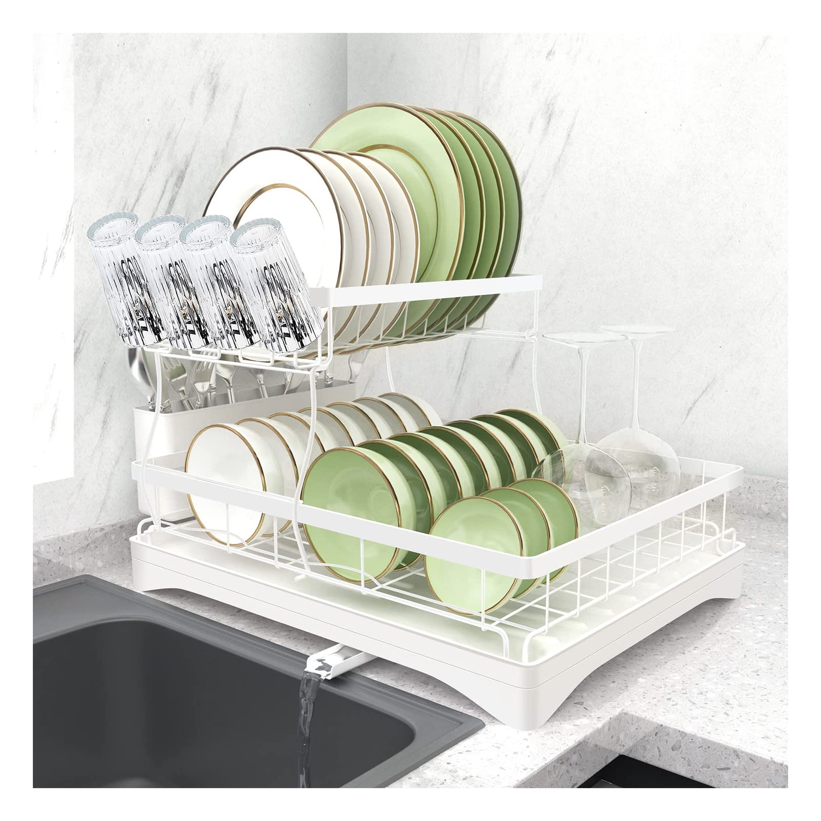 Dish Drying Rack with Drainboard Set 2 Tier Dish Rack Large Dish Drainers With Removable Cutting Board Holder Utensil Holder and Cup Holder Baking(White）