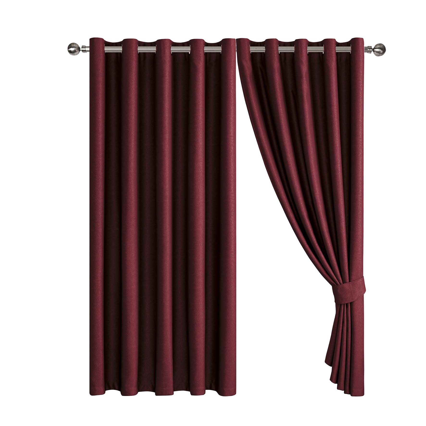 Blackout Curtains Embossed Leaf Jacquard - Polyester Room Darkening Eyelet Grommet Panels, Thermal Insulated Solid Foliage Pattern with Tiebacks Included (Burgundy, 66" x 72" (168 x 183 cm)) — image 1