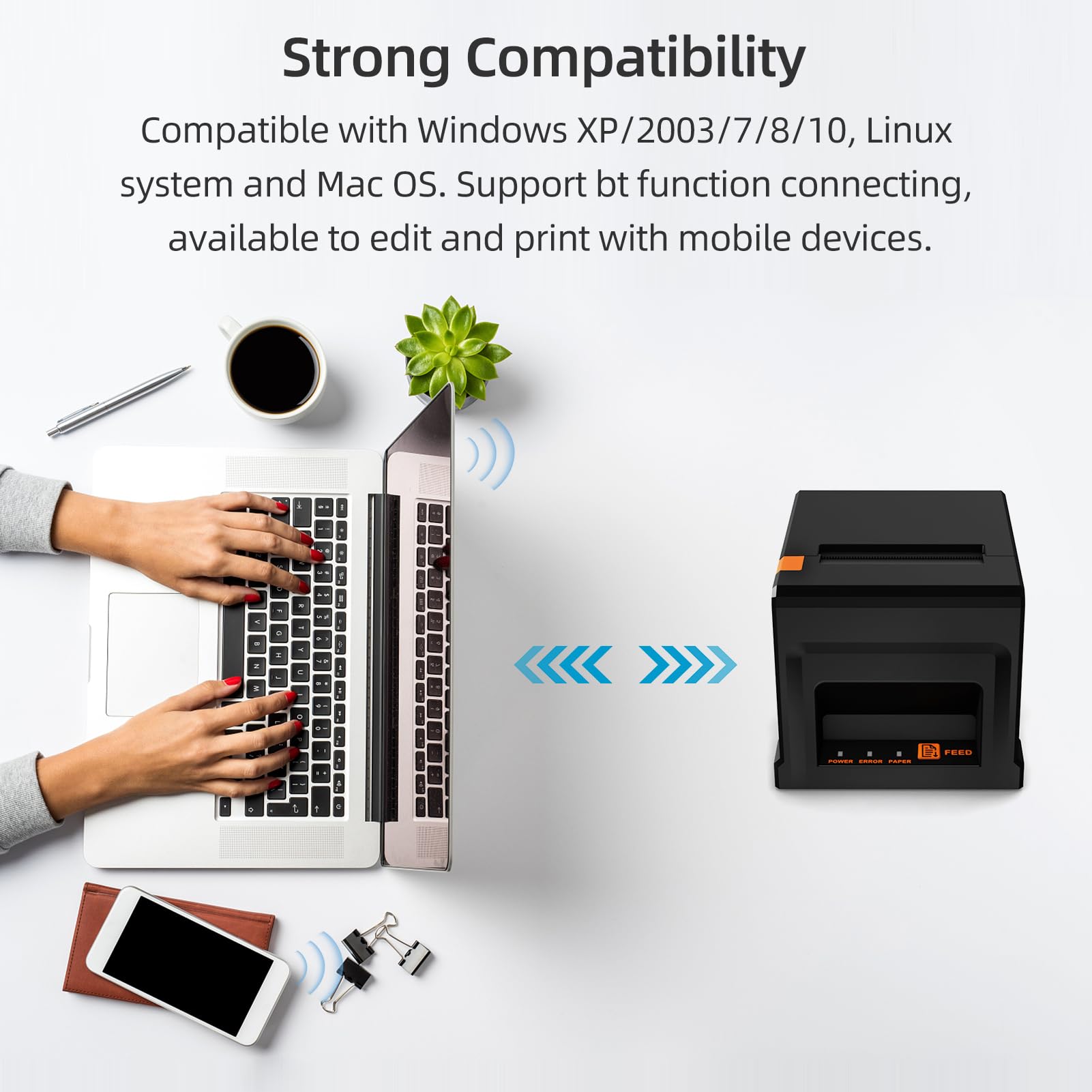Tampante Termica per Scontrini, 80mm USB + BT Stampante per ricevute Stampante POS con taglierina automatica compatibile con supporto ESC/POS per spedizioni Affari Ristorante Supermercato