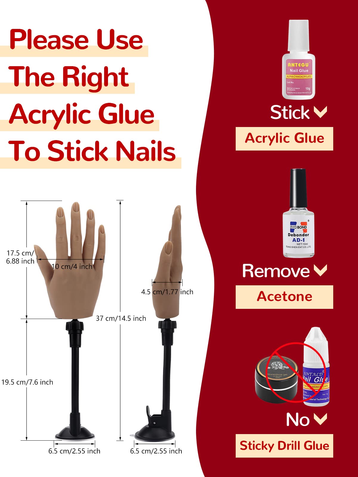 Yokilly Mano de práctica para diseño de uñas, mano de silicona para uñas de gel, 100 unidades de uñas artificiales, uñas falsas, manos de ejercicio, modelo de ejercicio, manicura, juego de manicura