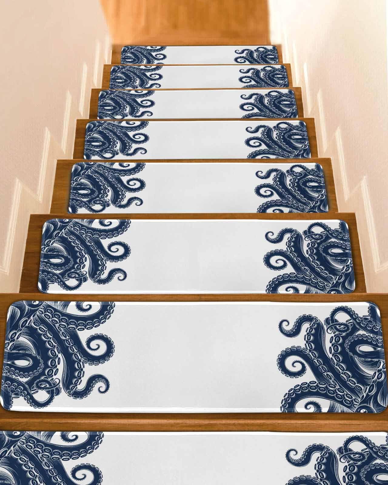 Carpet Stair Treads for Wooden Steps 7 Pack, Ocean The Octopus Touches Soft Peel and Stick Stair Treads, Marine Creature on White Non Slip Carpet Mat for Kids Elder Pet