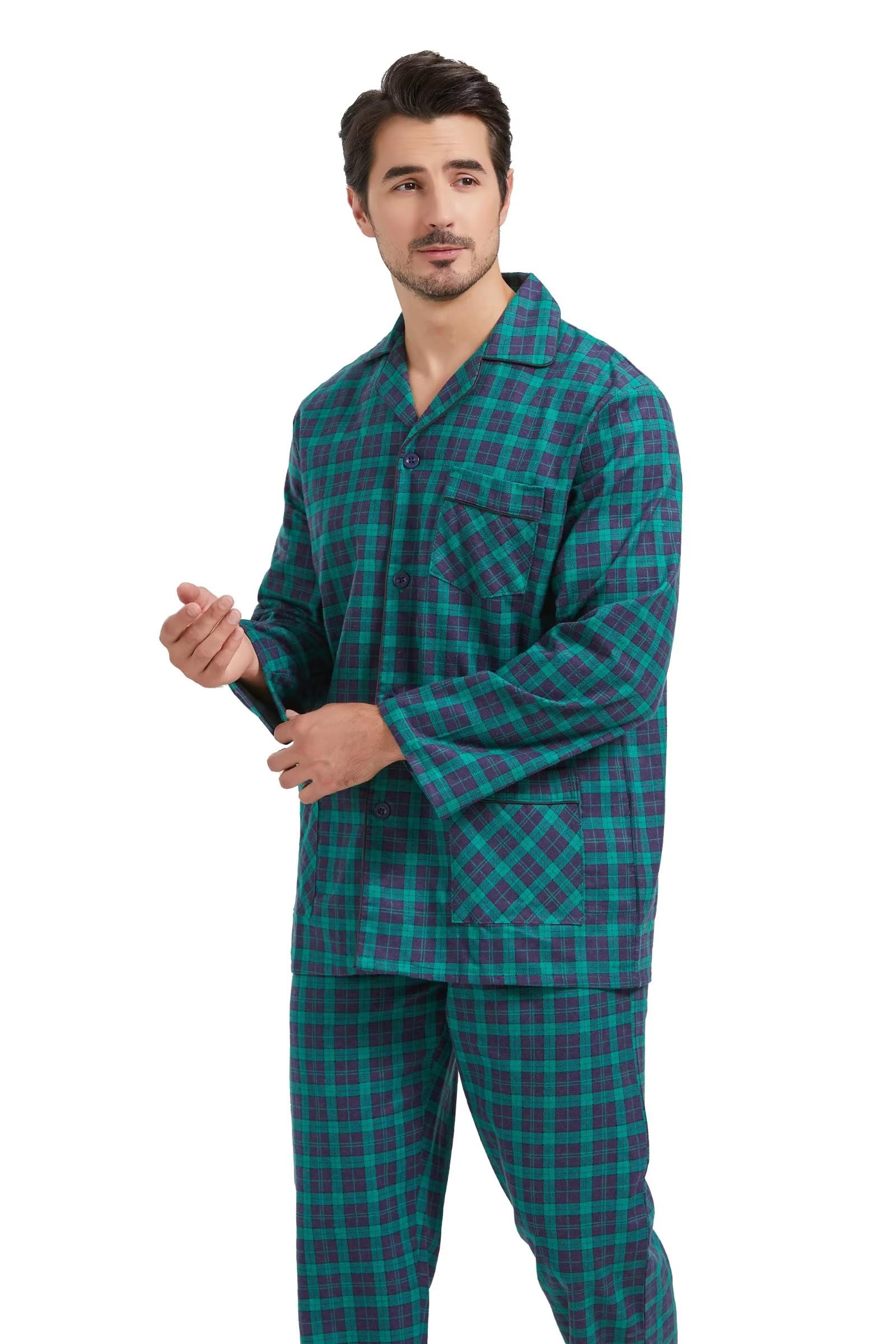 Amaxer Pigiama Cotone Uomo Lungo 100% Flanella Invernale Indumenti da Notte Top a Manica Lunga con Tasche Pantaloni con Coulisse