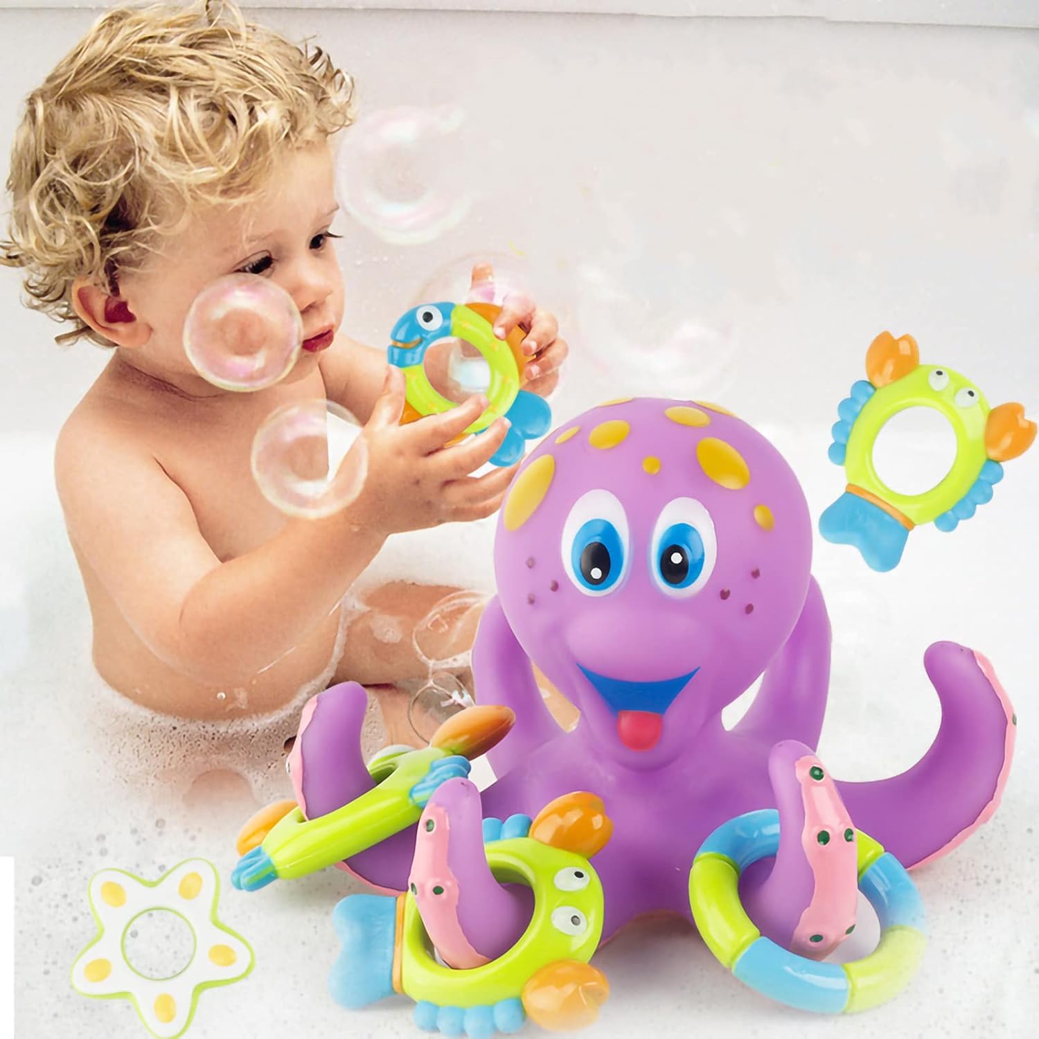 YALIC Octopus Floating Bath Toy with 5 Floating Rings, Bathtub Bath Toy ...