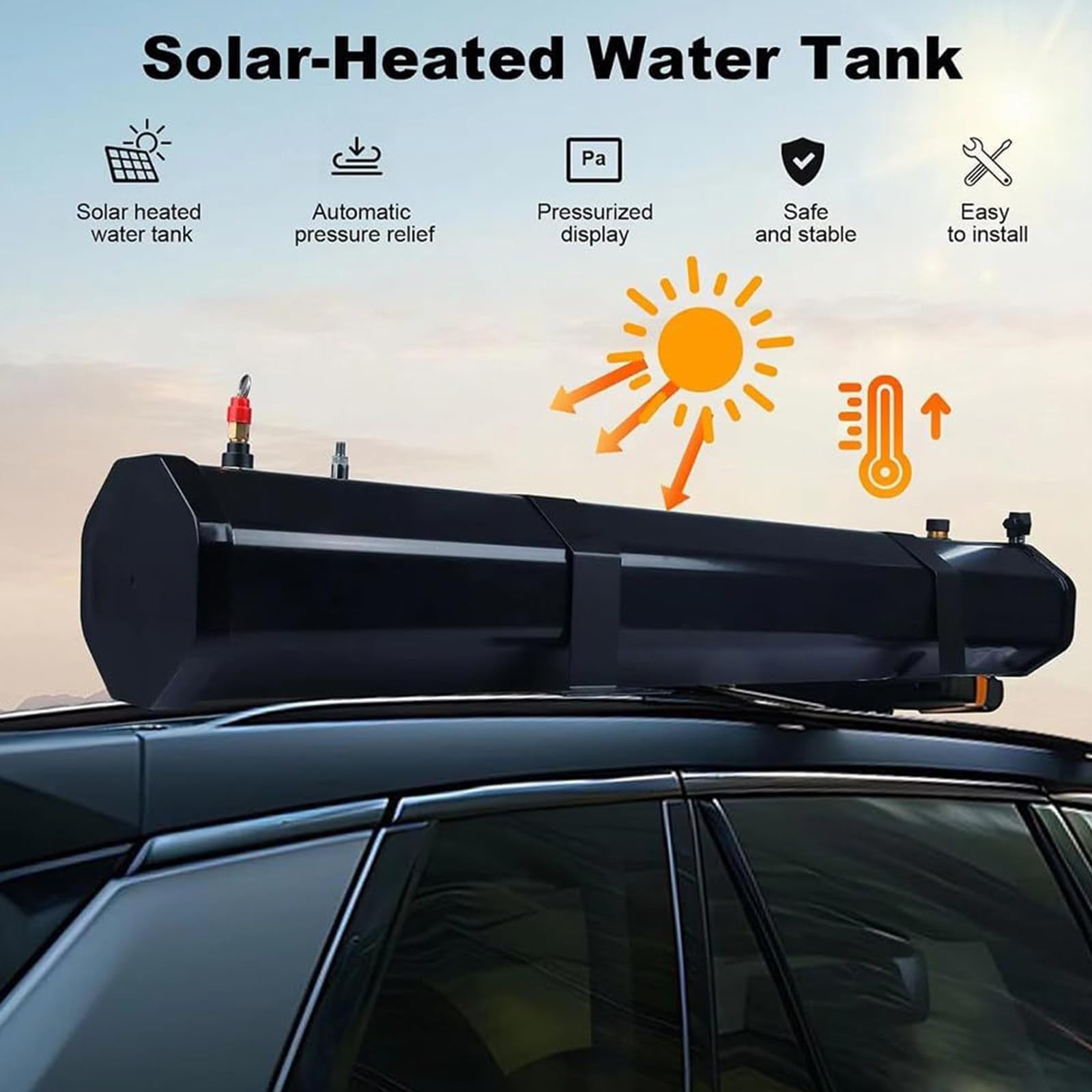 Tanque de Agua Presurizado 18L/20L/30L para Techos de Auto - Depósito De Agua Multifunción con Calentador Solar para Ducha de Camping, Lavado de Coches y Outdoor 30L