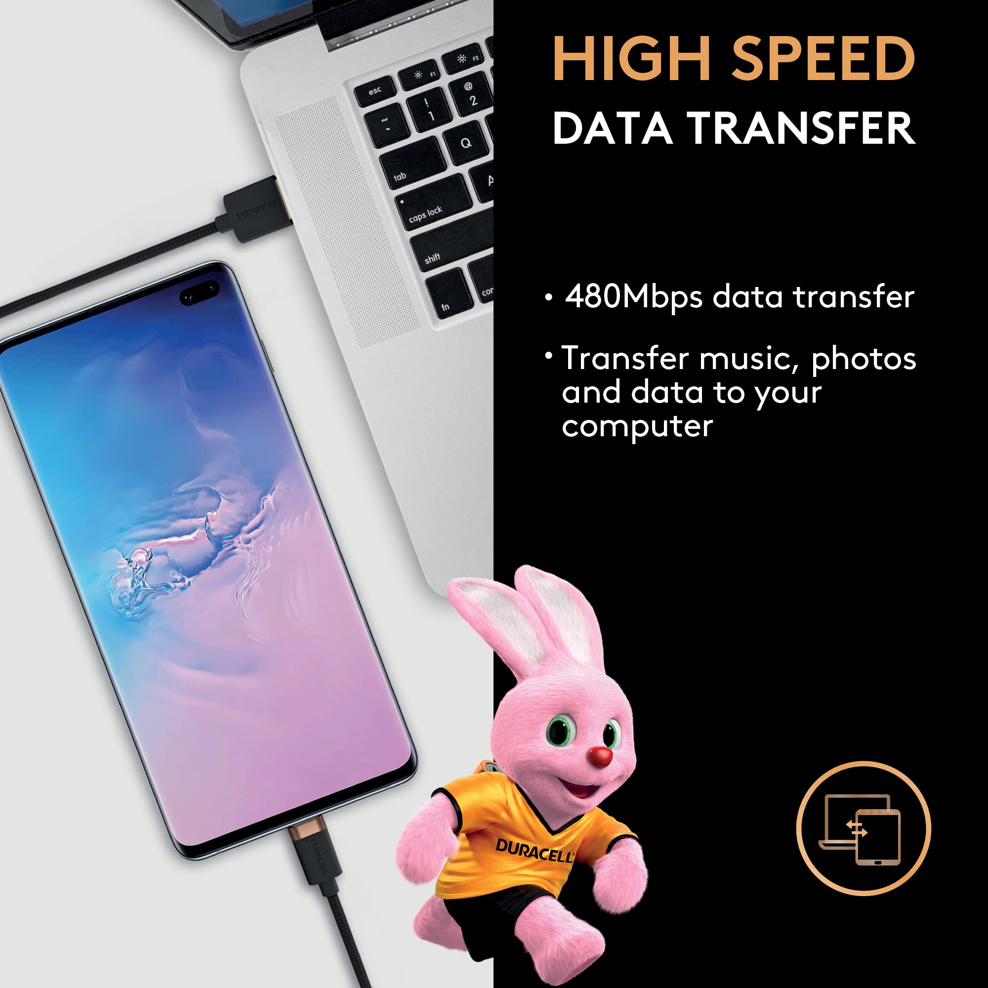 Duracell Cavo intrecciato lungo da 2 m nero USB-C a fulmine temperato - Cavo di ricarica certificato MFI