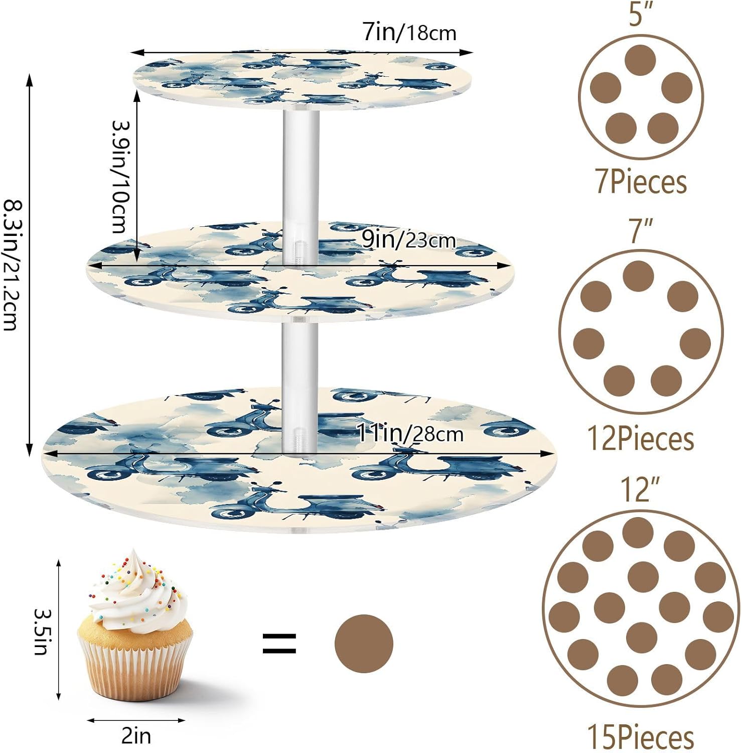 3 Tier Cupcake Stand Blue Scooters Acrylic Tower Tiered Tray Stand for Wedding Birthday Party Decoration