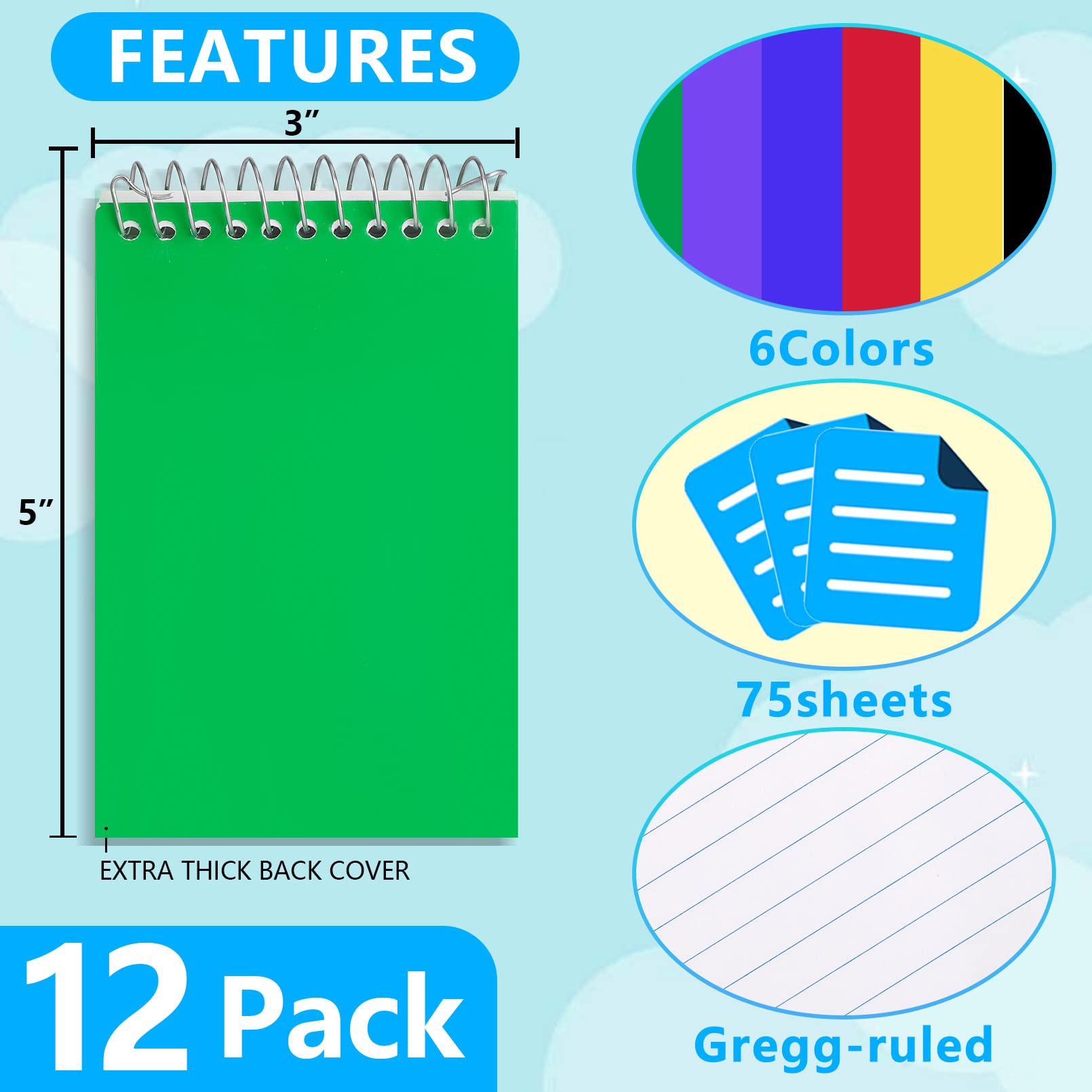 Paquete de 12 cuadernos de notas, 3 x 5 pulgadas, mini cuadernos de notas en espiral, 6 colores surtidos para accesorios de oficina en casa, 75 hojas/bloc de notas