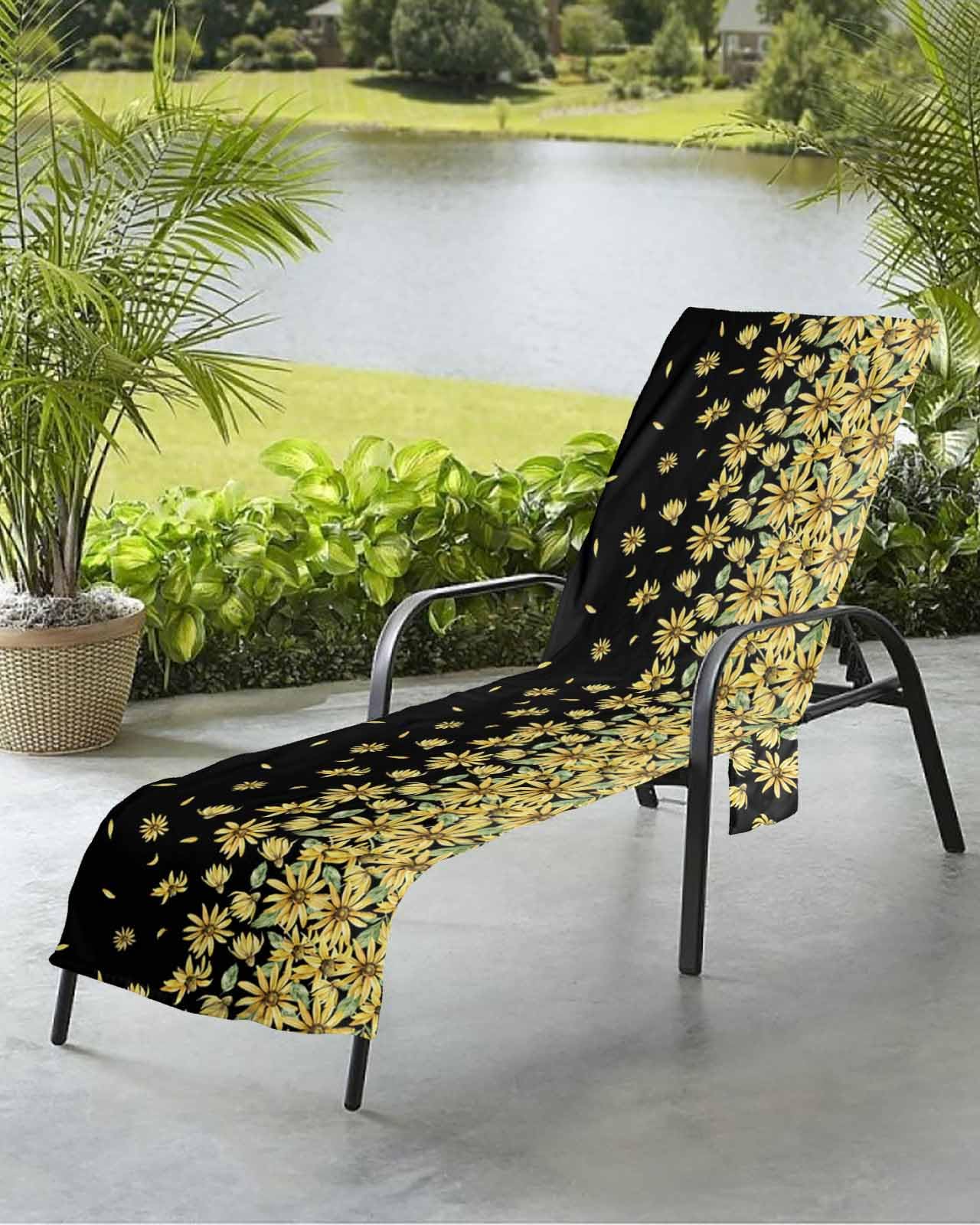 Daisy Yellow Beach Chair Towel Covers for Chaise Lounge with Side Pocket, Soft Plush Pool Towels Cover for Patio Sunbathing Outdoor 29''x85'' Black Wildflower Country Rustic Floral