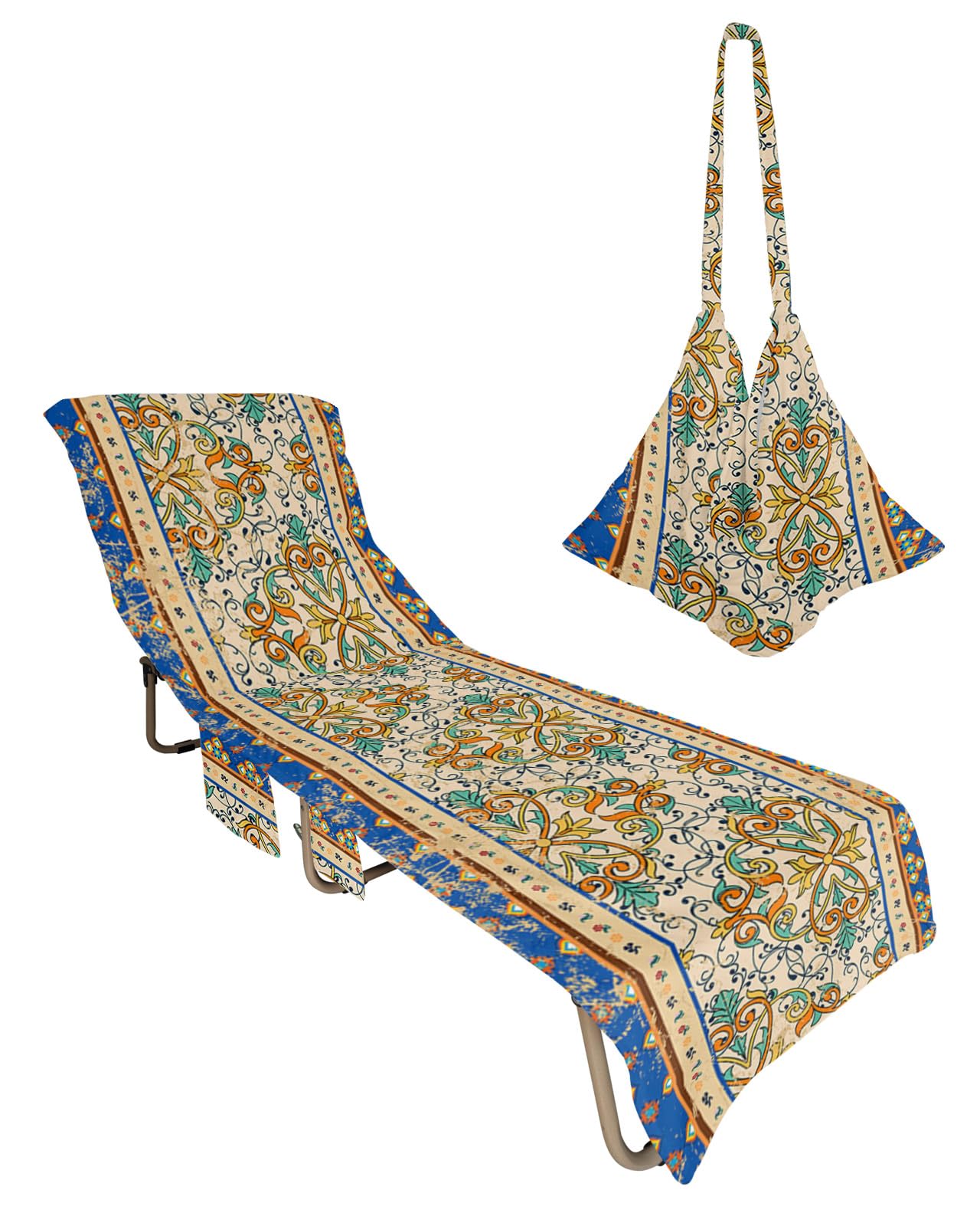 Blue Yellow Orange Teal Beach Lounge Chair Towel Cover, Soft Chaise Lounge Towel with Side Pockets Patio Pool Chairs Cover for Beach/Pool Sunbathing 29x85 Vintage Boho Modern Geometric