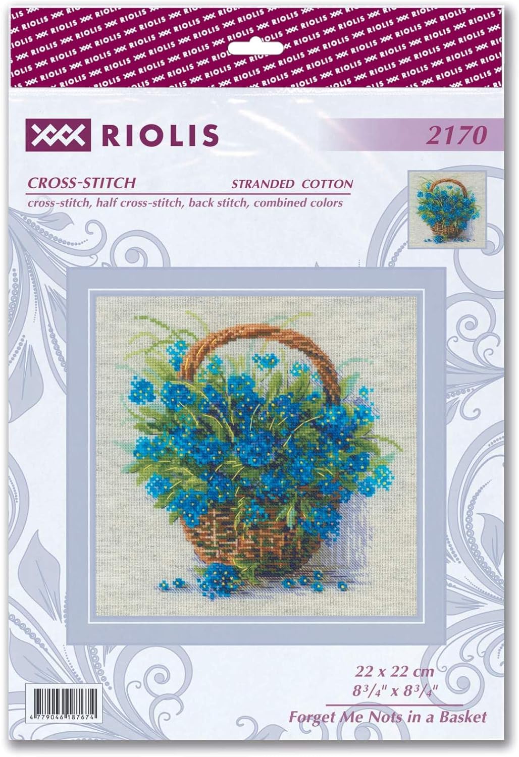 RIOLIS - Forget Me Nots in a Basket 2170, Cross Stitch Kits 8¾" x 8¾", Cross Stitch Kits for Adults, Floral Counted Cross Stitch Kits, Embroidery Kit for Beginners & Advanced, Crossstitching Kits