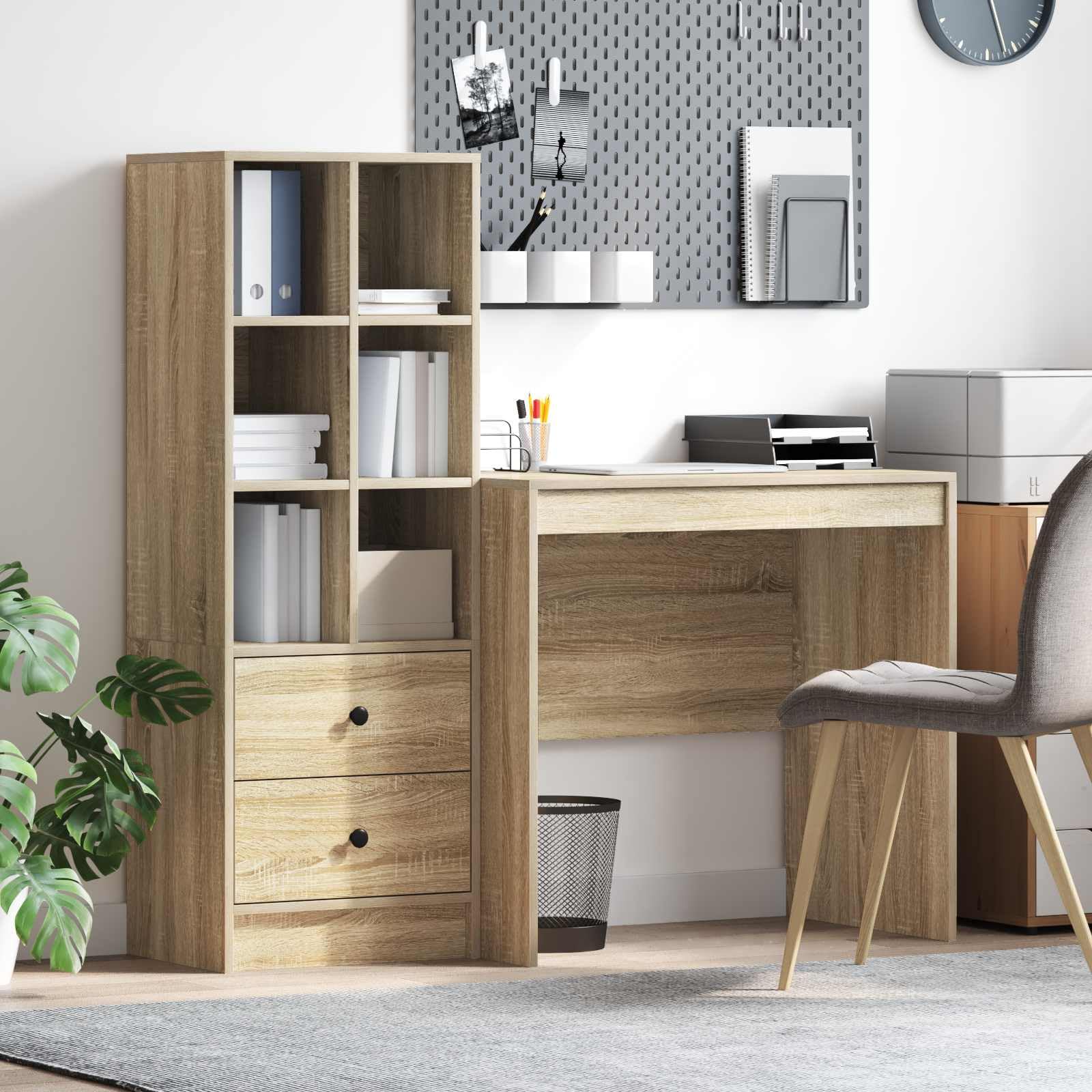 Schreibtisch mit Schubladen und Regal Sonoma-Eiche Holzwerkstoff, 125,5 x 50 x 127 cm, 2-teiliges Set, Stauraum mit Ablage und Brettregalen, ideal für Büro, Homeoffice, Arbeitszimmer