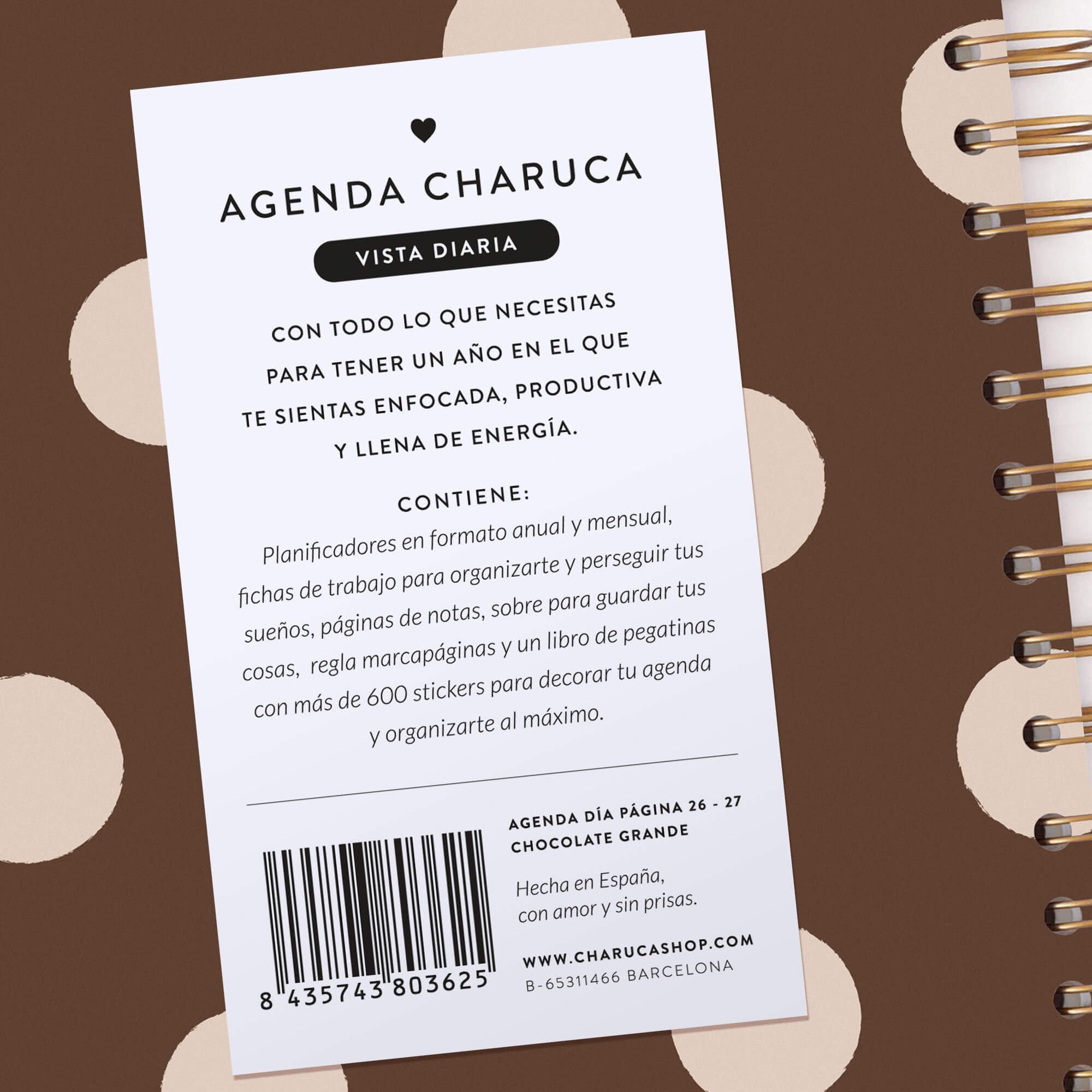 Agenda Charuca 26-27 Académica VISTA DIARIA - Tapa Dura con Detalles Dorados, Tamaño GRANDE - Incluye BOLSA de Tela PROTECTORA y Marcapáginas - Hecho en España. (CHOCOLATE LOVE)