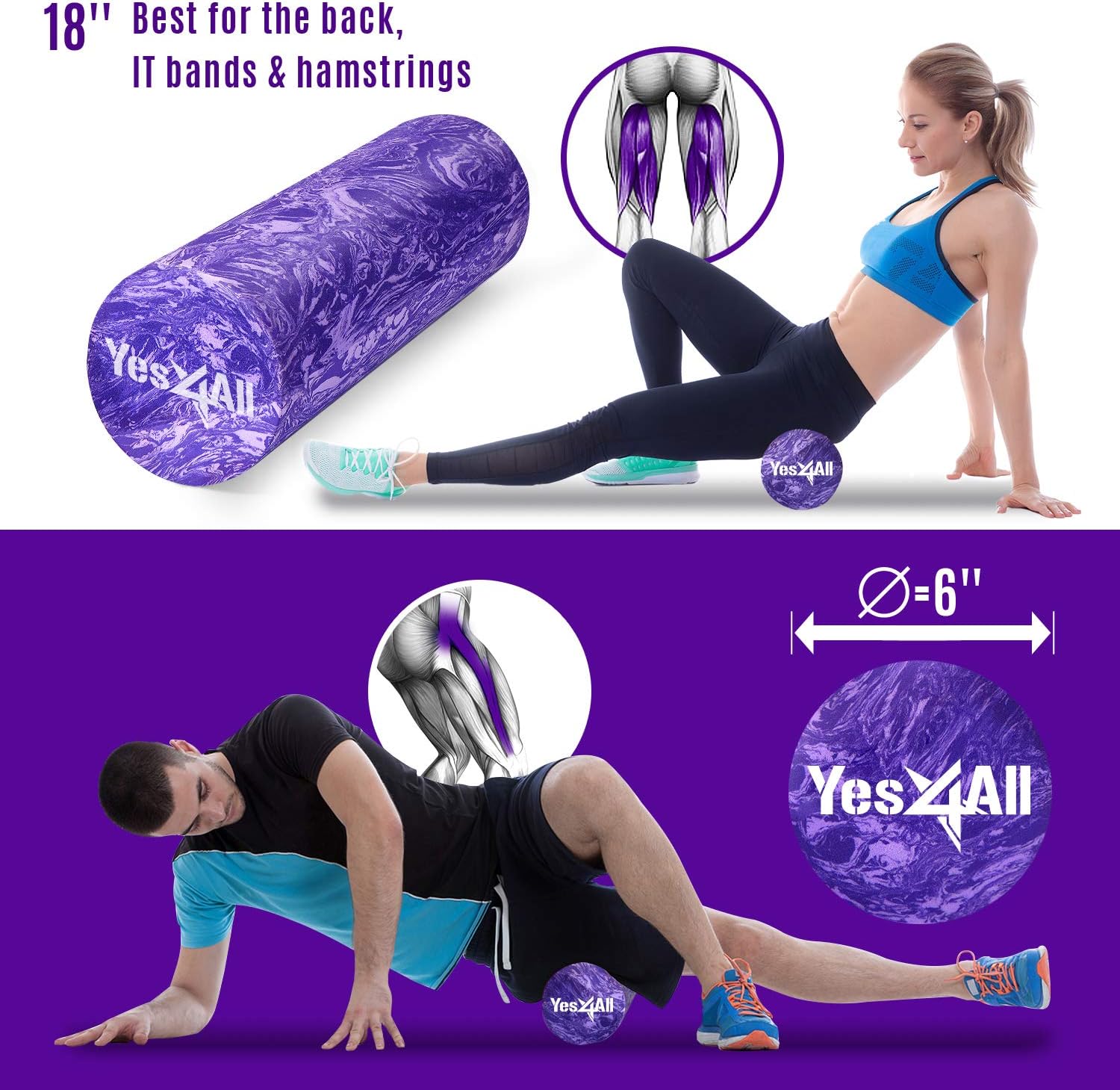 Yes4All EVA Foam Roller for Deep Massage, Rehabilitation and Physical Therapy (18 inch, Clematis Marbled): Sports & Outdoors