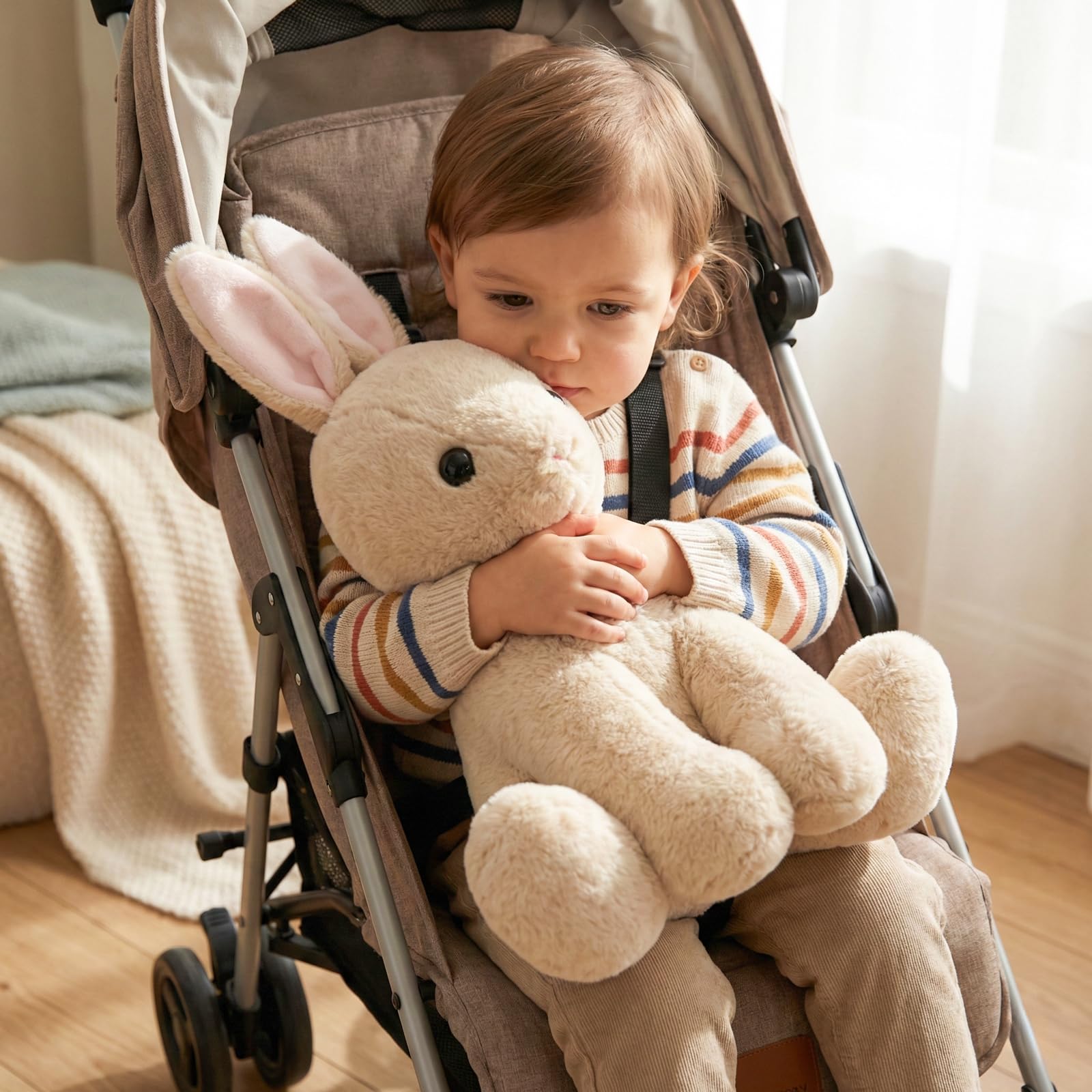 WEIGEDU Adorable conejito de peluche, juguete de peluche SOFE para niños, niñas, bebés, cumpleaños, Pascua, Navidad, regalo para dormir, 17.3 pulgadas, beige y rosa