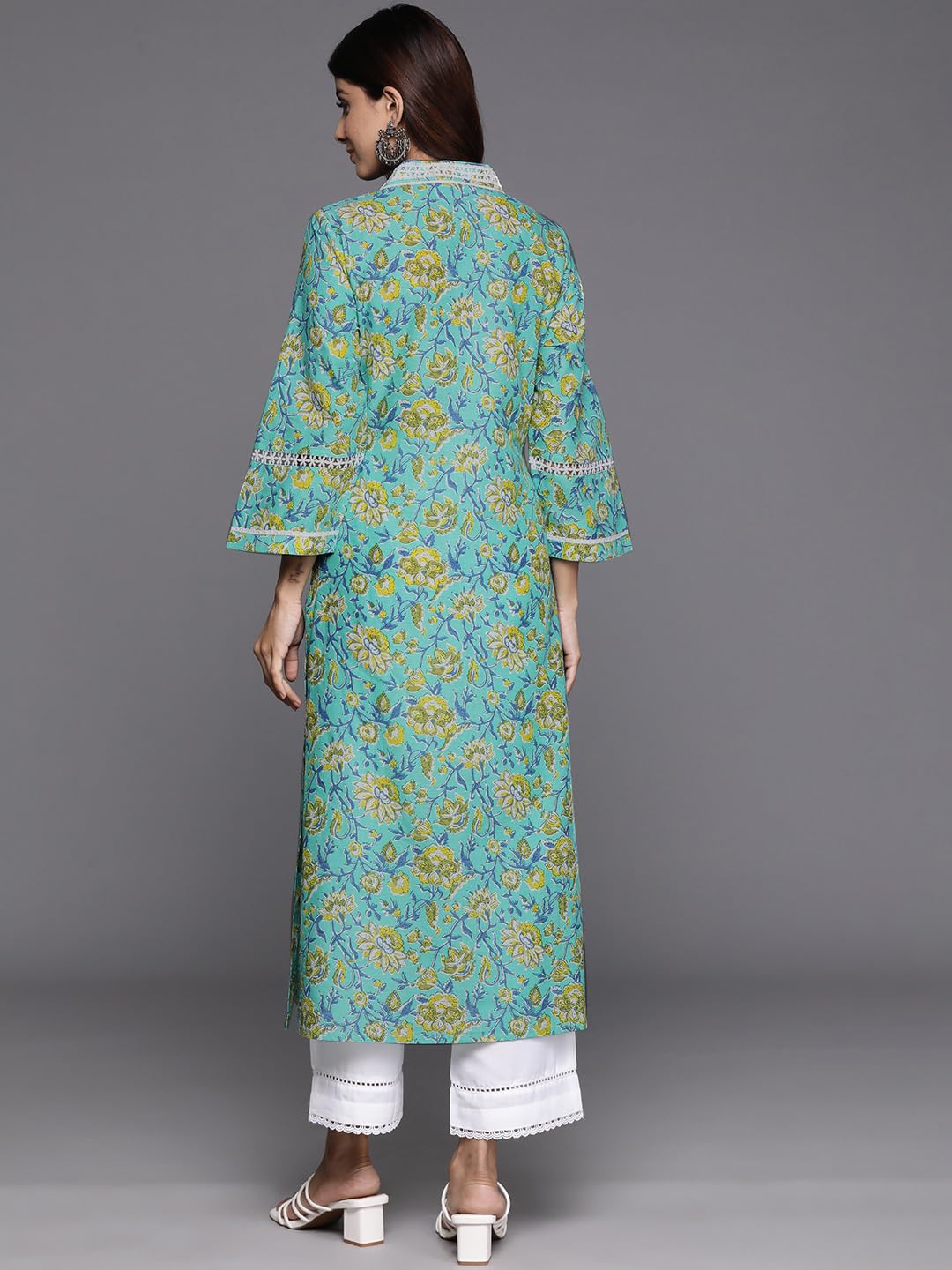 Varanga Women Sea Green Floral Printed V-Neck Straight Kurta  Elegant & Comfortable For Casual Wear (Large)