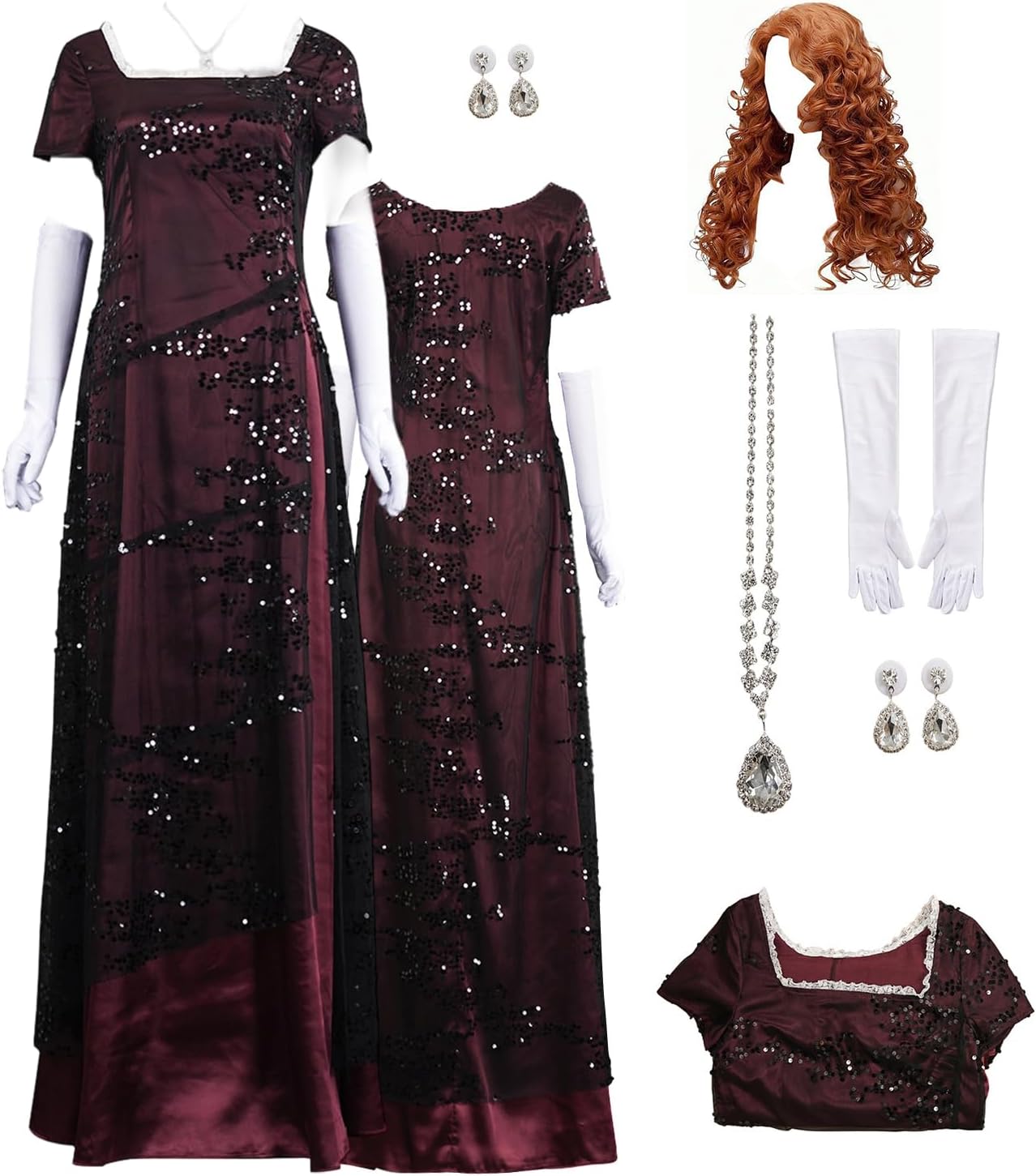 Women Titanic Rose Costume Dress Chiffon Rose DeWitt Bukater Cosplay Sequined Dress Gloves for Halloween